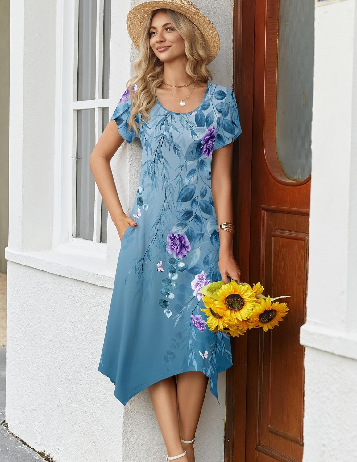 image:imageZeagoo Womens Casual Dress for Summer Loose Hankerchief Flare Midi Sundress01 Blue