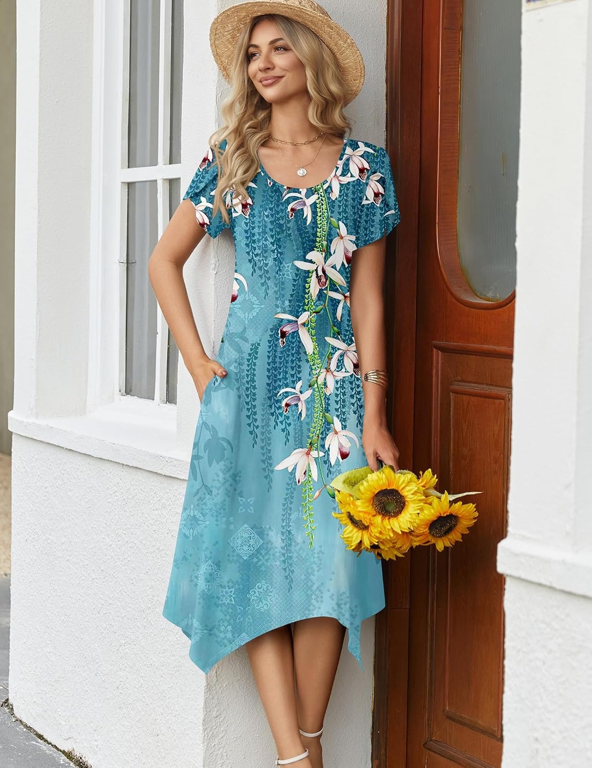 image:imageZeagoo Womens Casual Dress for Summer Loose Hankerchief Flare Midi Sundress04 Blue