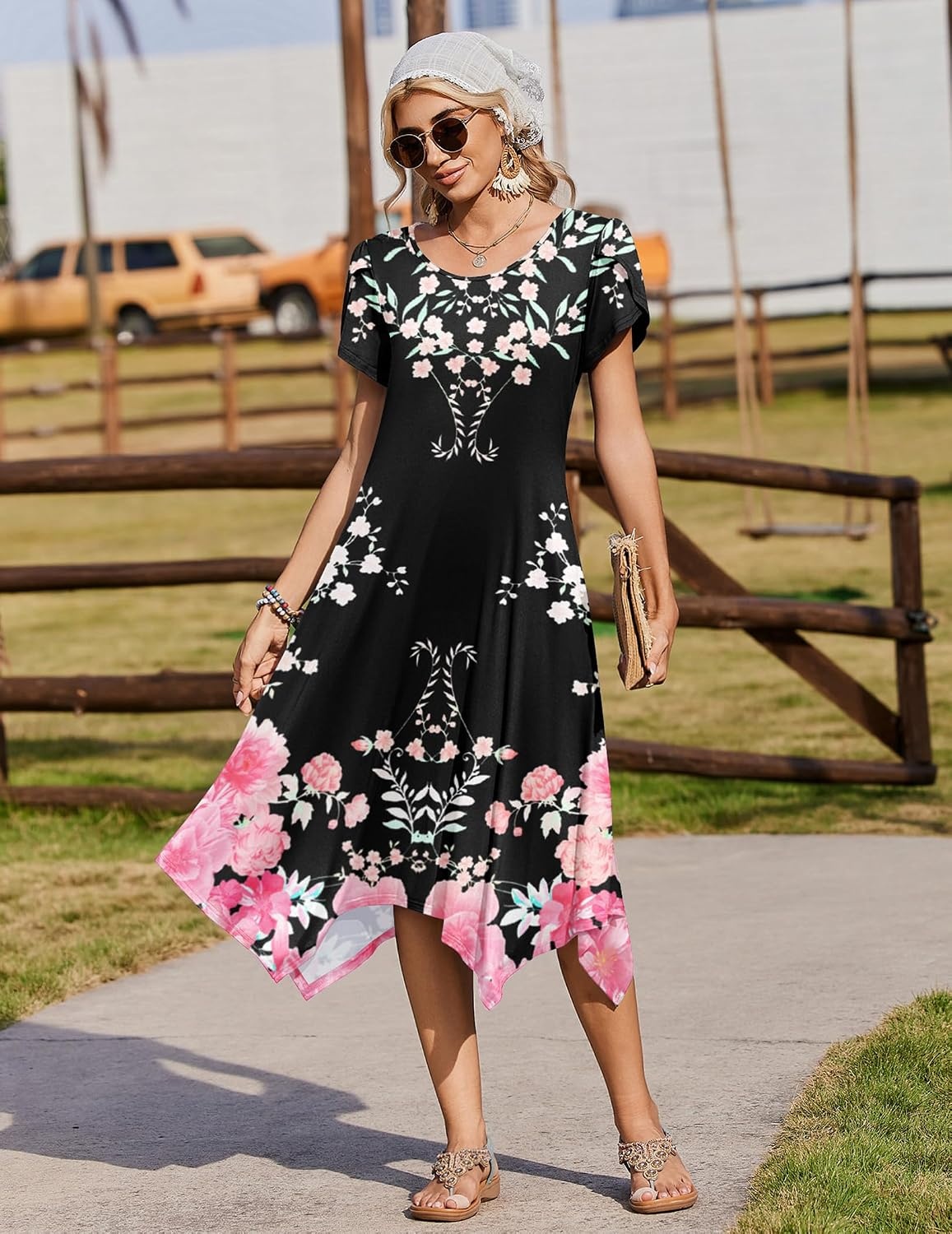 image:imageZeagoo Womens Casual Dress for Summer Loose Hankerchief Flare Midi SundressBlack Pink Flower