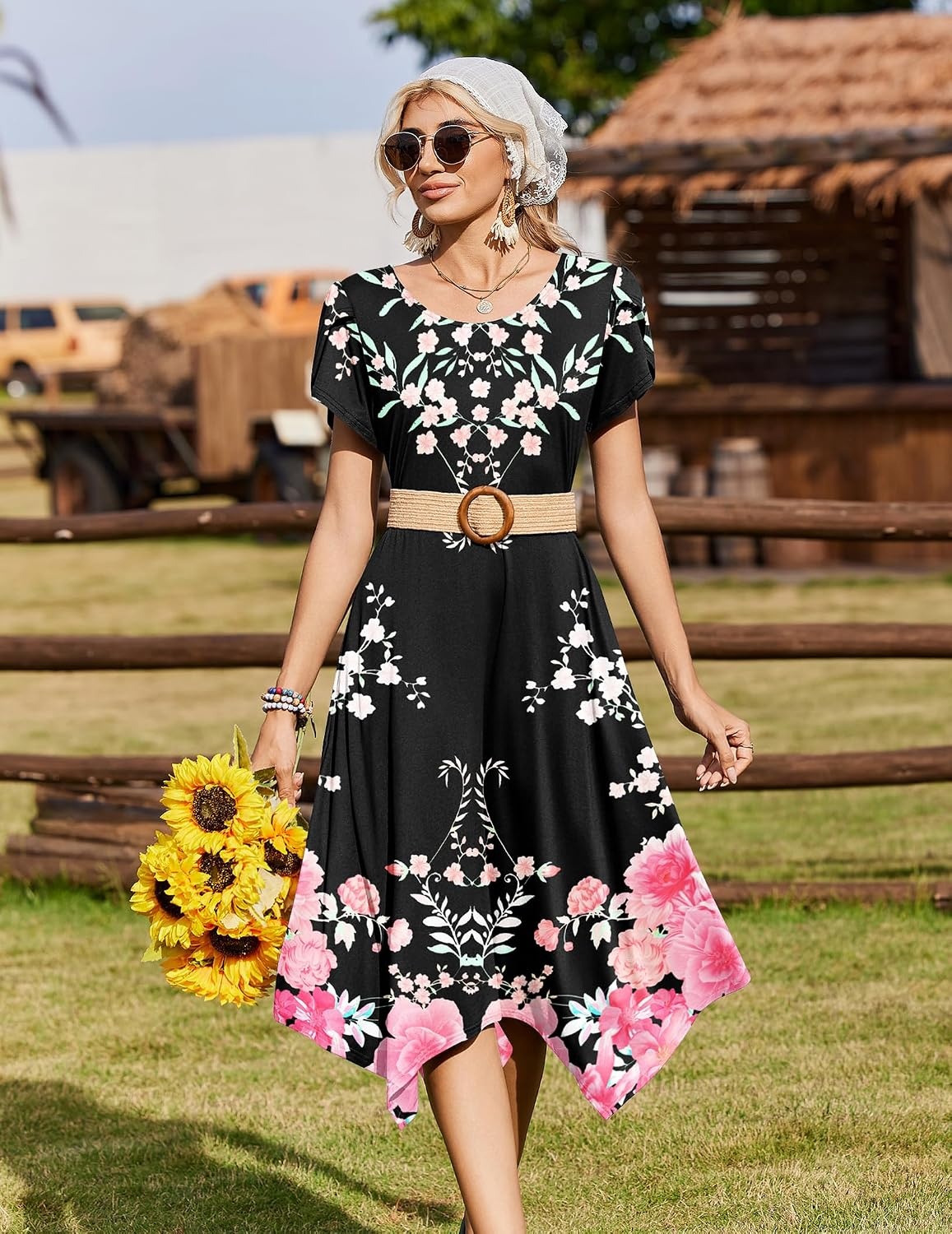 image:imageZeagoo Womens Casual Dress for Summer Loose Hankerchief Flare Midi SundressBlack Pink Flower