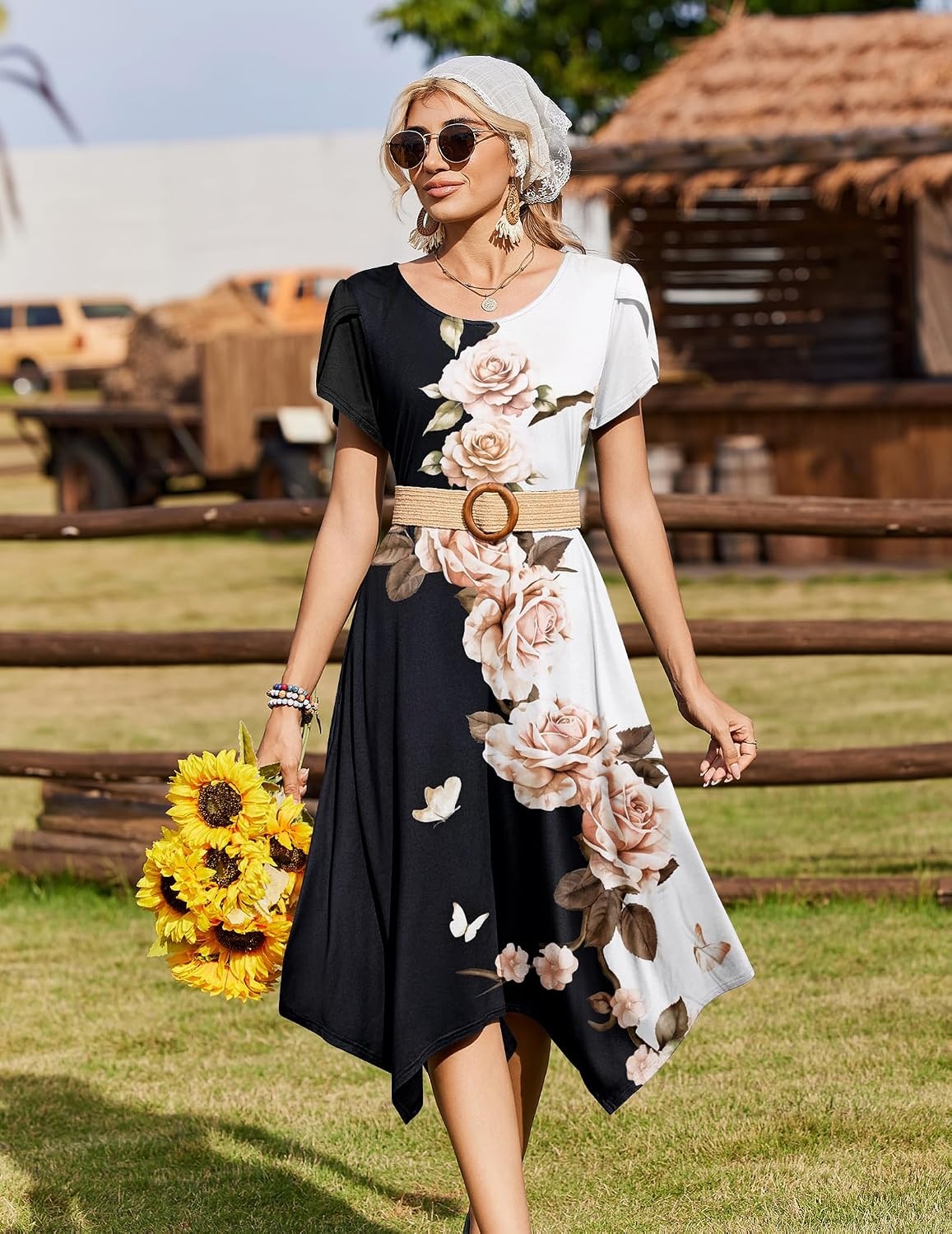 image:imageZeagoo Womens Casual Dress for Summer Loose Hankerchief Flare Midi SundressBlack White Flower