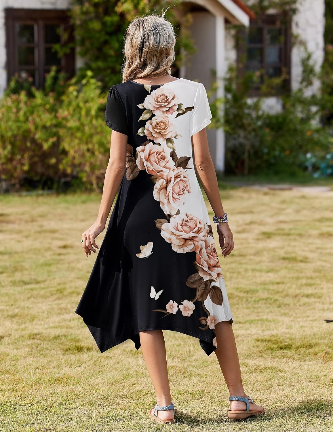 image:imageZeagoo Womens Casual Dress for Summer Loose Hankerchief Flare Midi SundressBlack White Flower