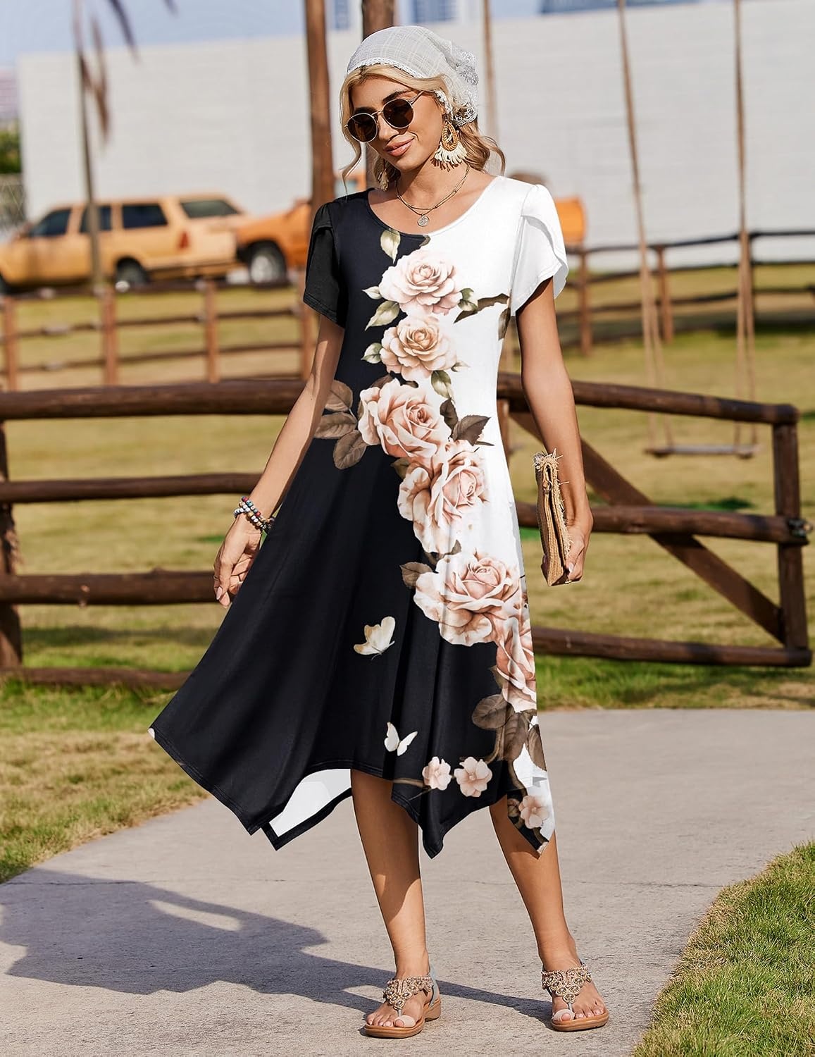 image:imageZeagoo Womens Casual Dress for Summer Loose Hankerchief Flare Midi SundressBlack White Flower