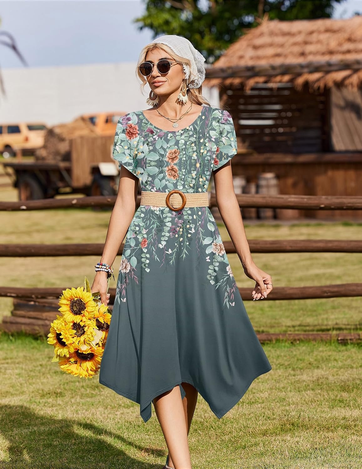 image:imageZeagoo Womens Casual Dress for Summer Loose Hankerchief Flare Midi SundressGrey Floral