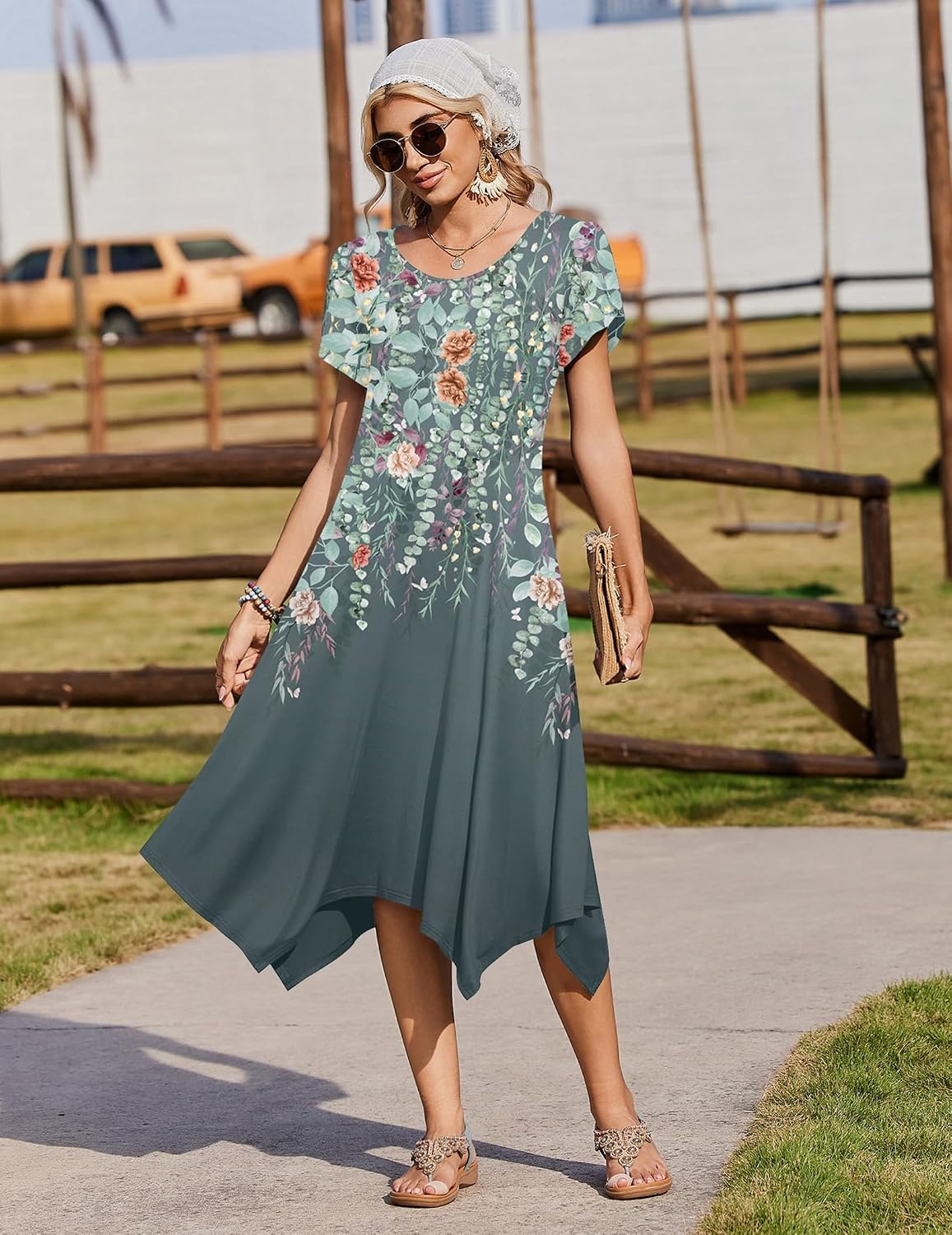 image:imageZeagoo Womens Casual Dress for Summer Loose Hankerchief Flare Midi SundressGrey Floral