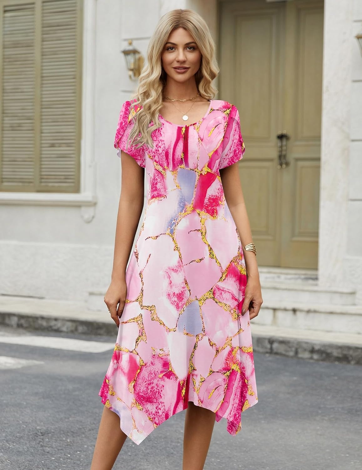 image:imageZeagoo Womens Casual Dress for Summer Loose Hankerchief Flare Midi SundressPink
