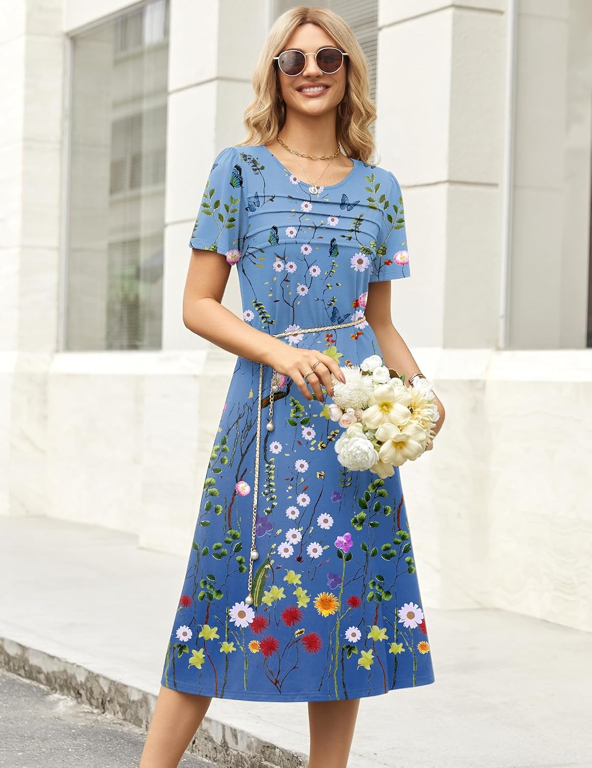 image:imageZeagoo Womens Casual Dresses for Summer Short Sleeve Flare Midi Dress Beach02 Blue Floral