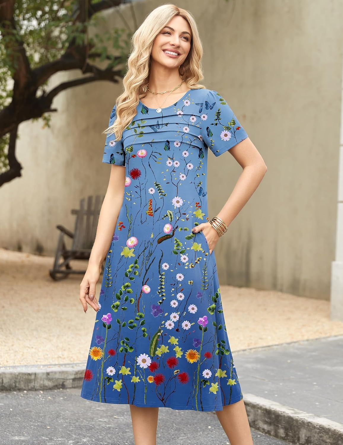 image:imageZeagoo Womens Casual Dresses for Summer Short Sleeve Flare Midi Dress Beach02 Blue Floral