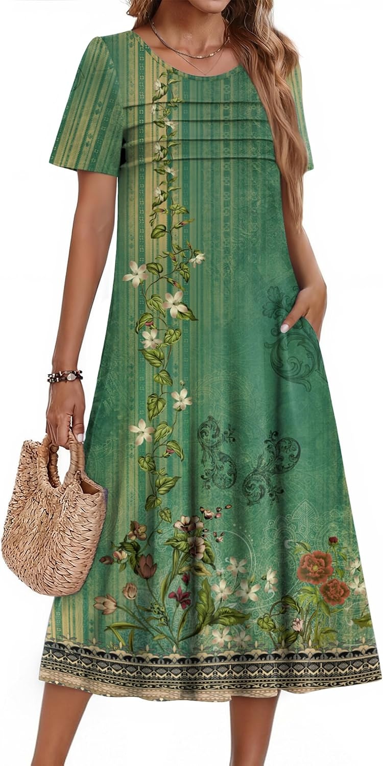 image:imageZeagoo Womens Casual Dresses for Summer Short Sleeve Flare Midi Dress Beach02 Green Floral
