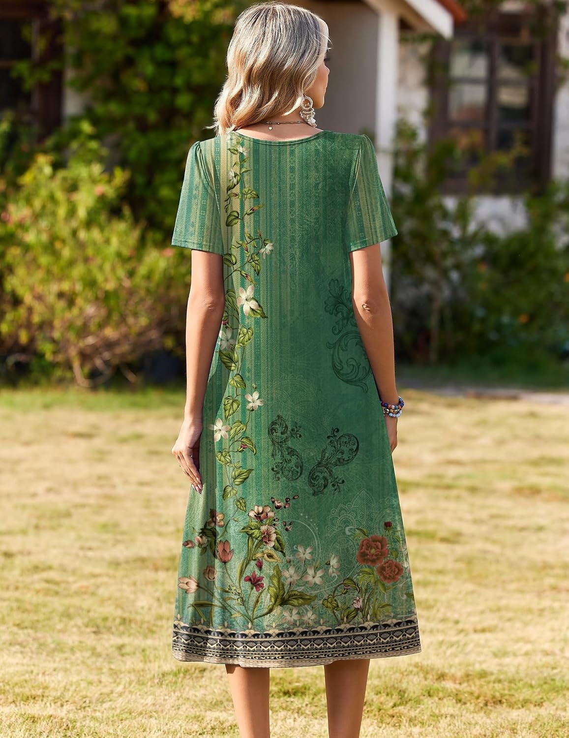 image:imageZeagoo Womens Casual Dresses for Summer Short Sleeve Flare Midi Dress Beach02 Green Floral