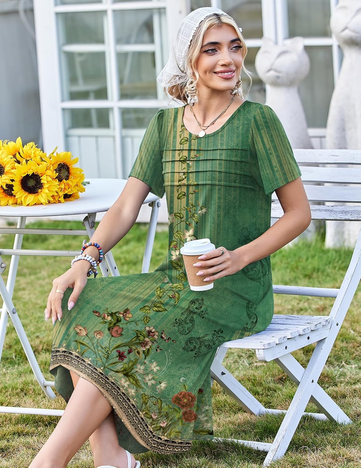 image:imageZeagoo Womens Casual Dresses for Summer Short Sleeve Flare Midi Dress Beach02 Green Floral