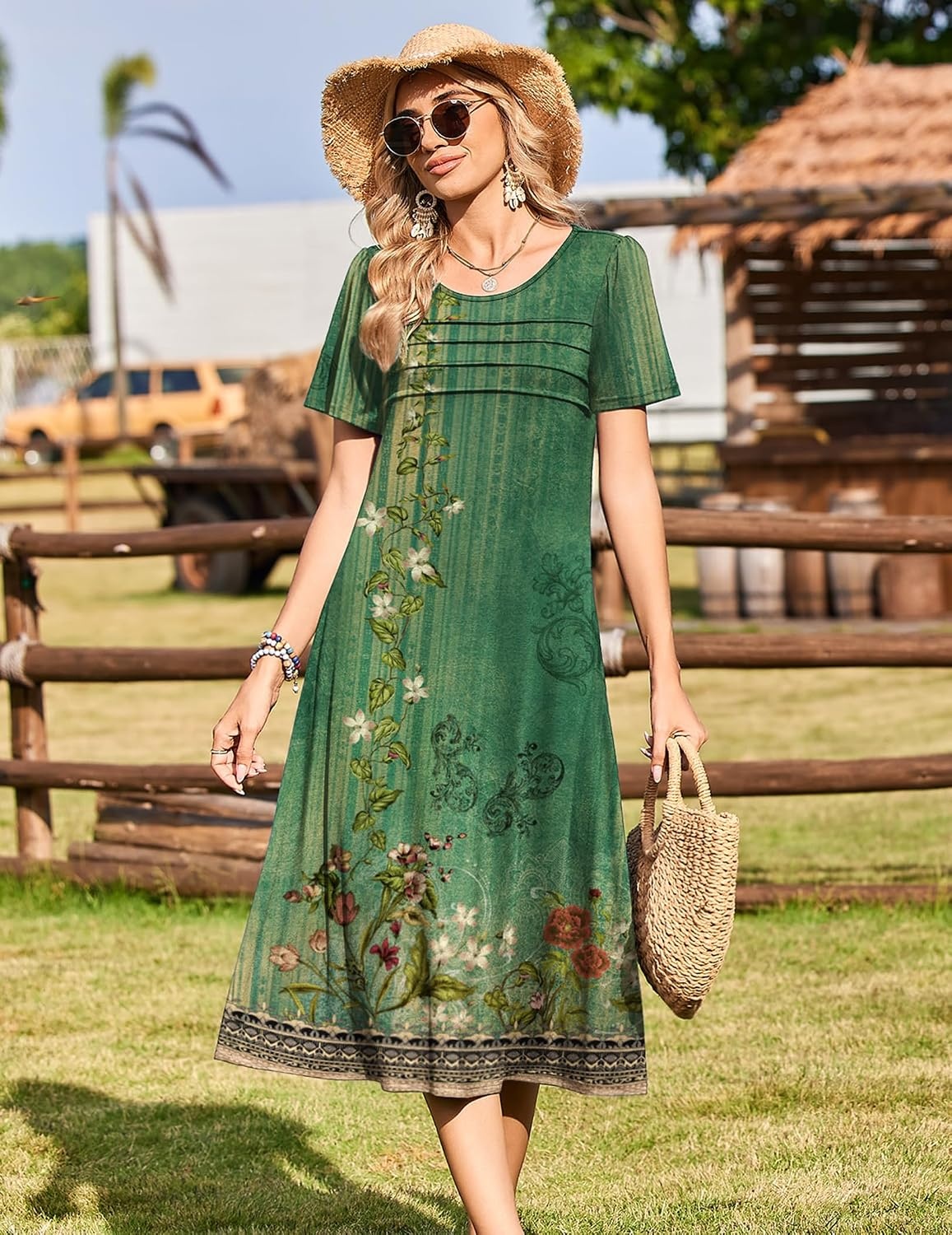 image:imageZeagoo Womens Casual Dresses for Summer Short Sleeve Flare Midi Dress Beach02 Green Floral