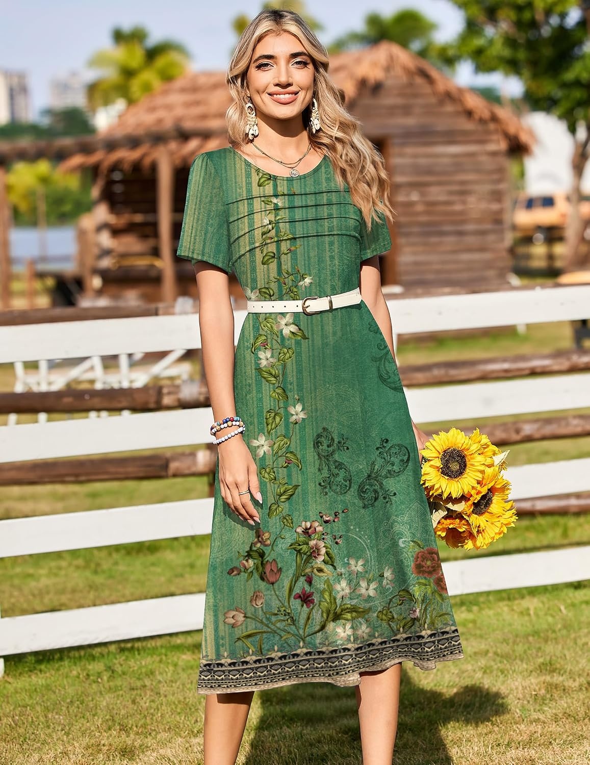 image:imageZeagoo Womens Casual Dresses for Summer Short Sleeve Flare Midi Dress Beach02 Green Floral
