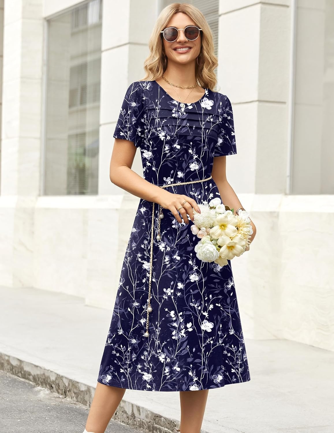 image:imageZeagoo Womens Casual Dresses for Summer Short Sleeve Flare Midi Dress Beach03 Navy Floral