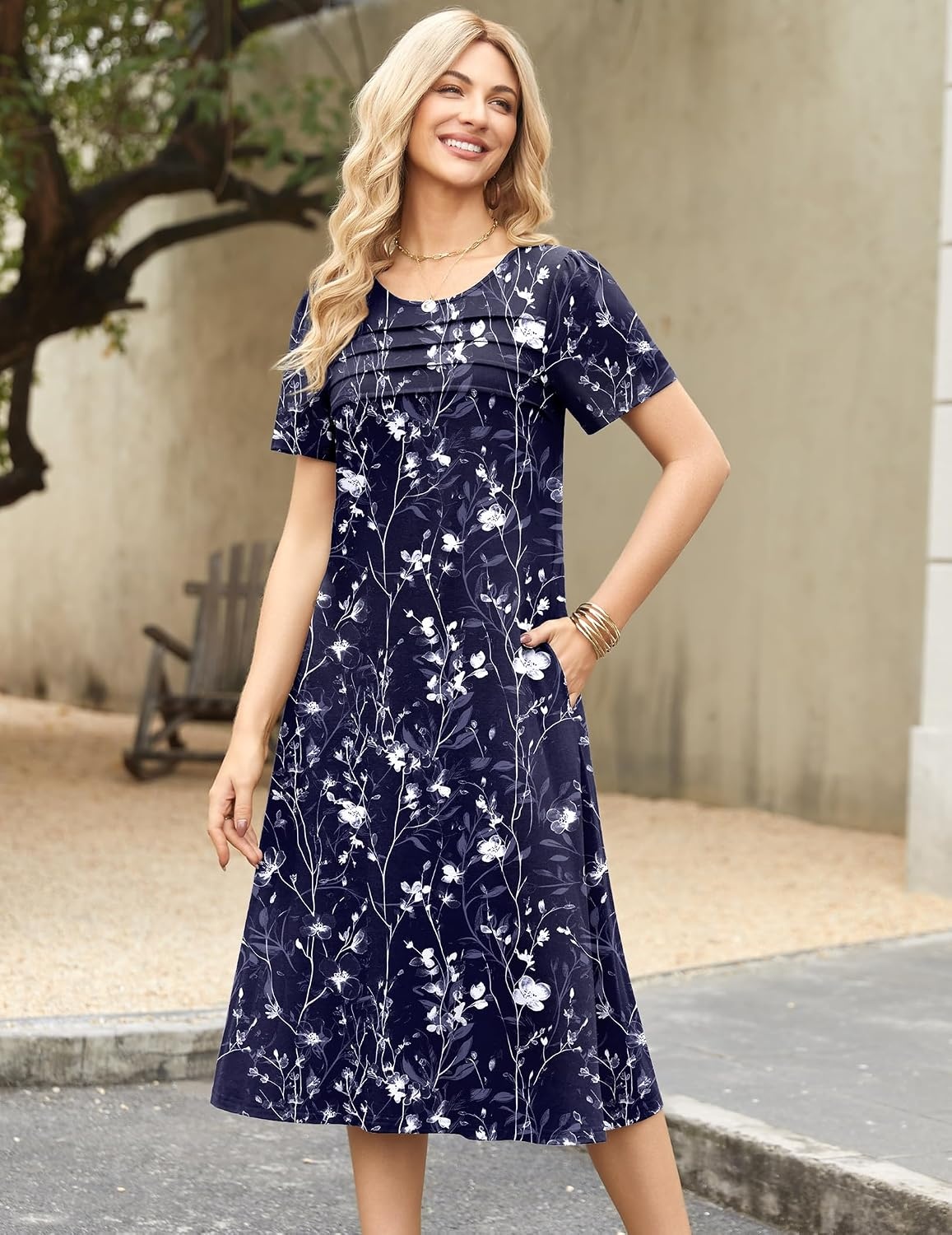 image:imageZeagoo Womens Casual Dresses for Summer Short Sleeve Flare Midi Dress Beach03 Navy Floral