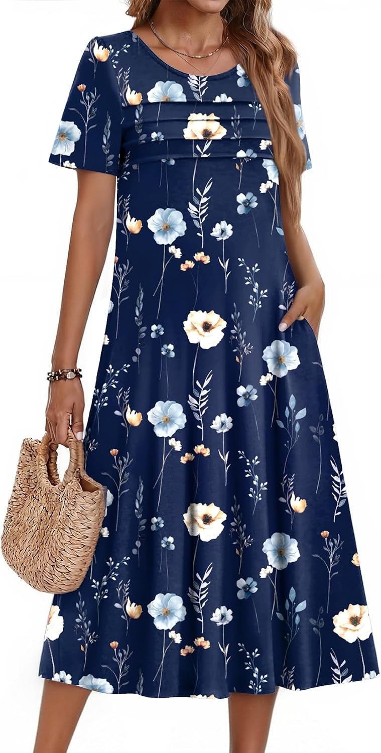 image:imageZeagoo Womens Casual Dresses for Summer Short Sleeve Flare Midi Dress Beach04 Navy Floral