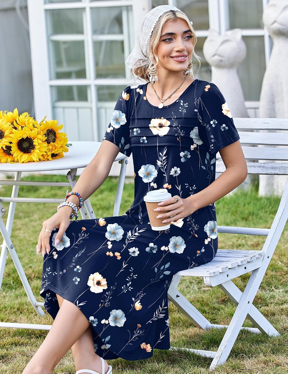 image:imageZeagoo Womens Casual Dresses for Summer Short Sleeve Flare Midi Dress Beach04 Navy Floral