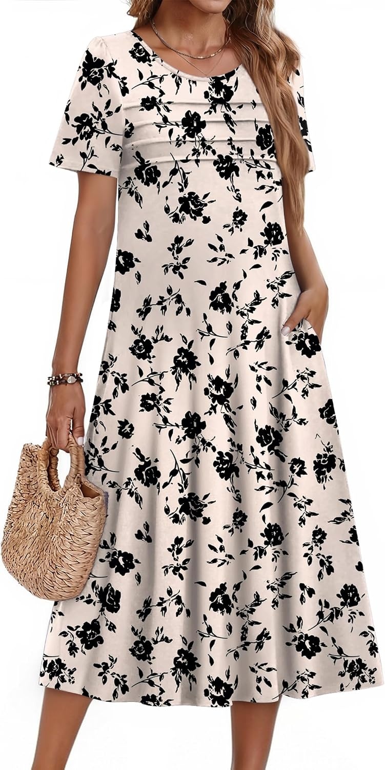 image:imageZeagoo Womens Casual Dresses for Summer Short Sleeve Flare Midi Dress BeachBeige Floral