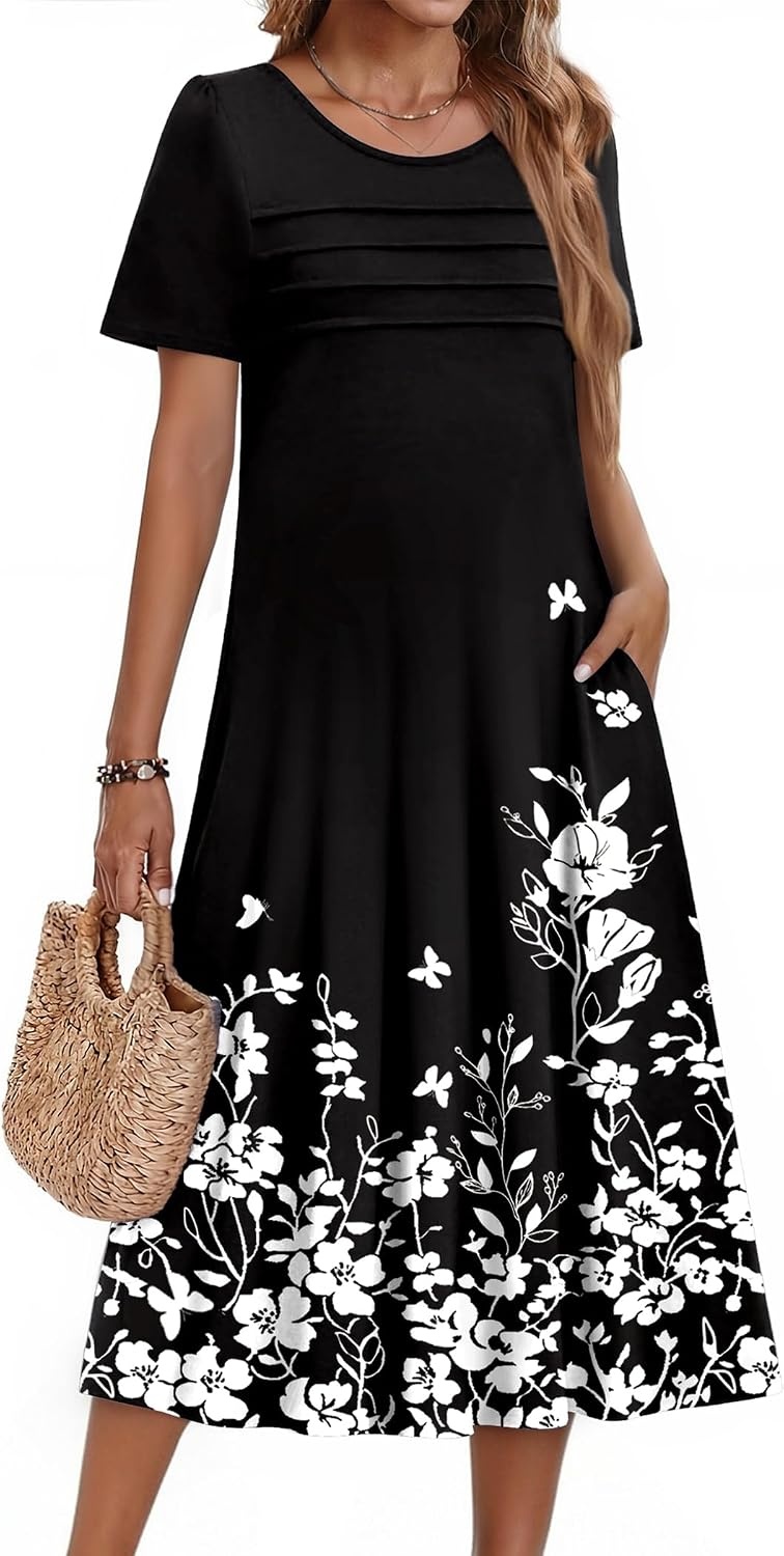 image:imageZeagoo Womens Casual Dresses for Summer Short Sleeve Flare Midi Dress BeachBlack Floral
