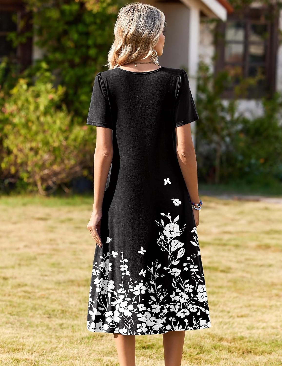 image:imageZeagoo Womens Casual Dresses for Summer Short Sleeve Flare Midi Dress BeachBlack Floral