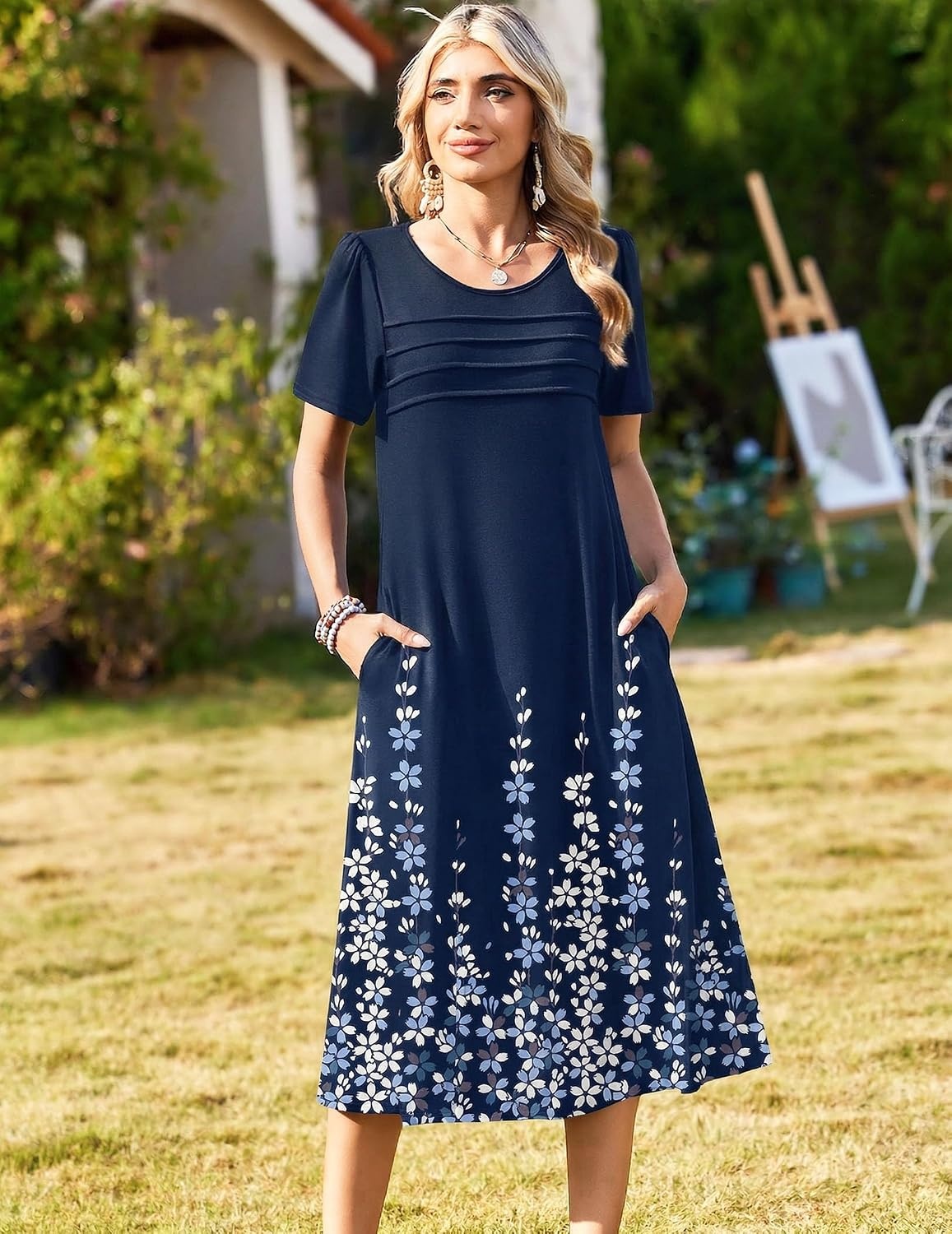 image:imageZeagoo Womens Casual Dresses for Summer Short Sleeve Flare Midi Dress BeachBlue Floral