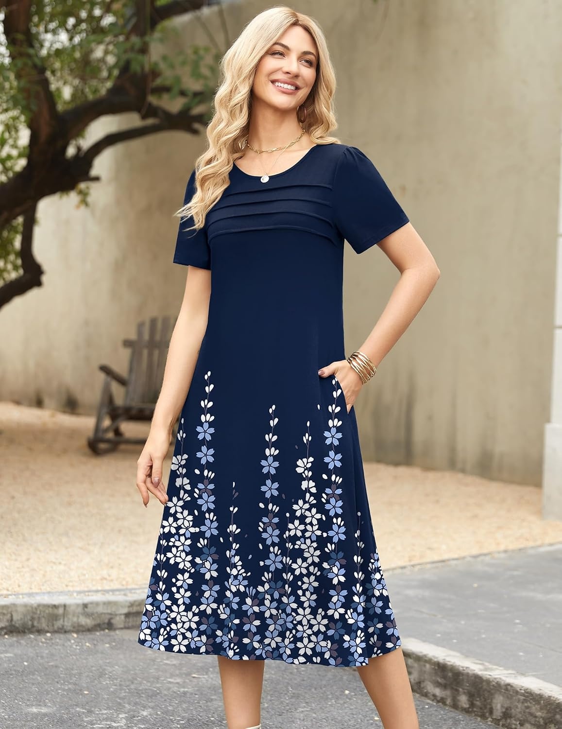 image:imageZeagoo Womens Casual Dresses for Summer Short Sleeve Flare Midi Dress BeachBlue Floral