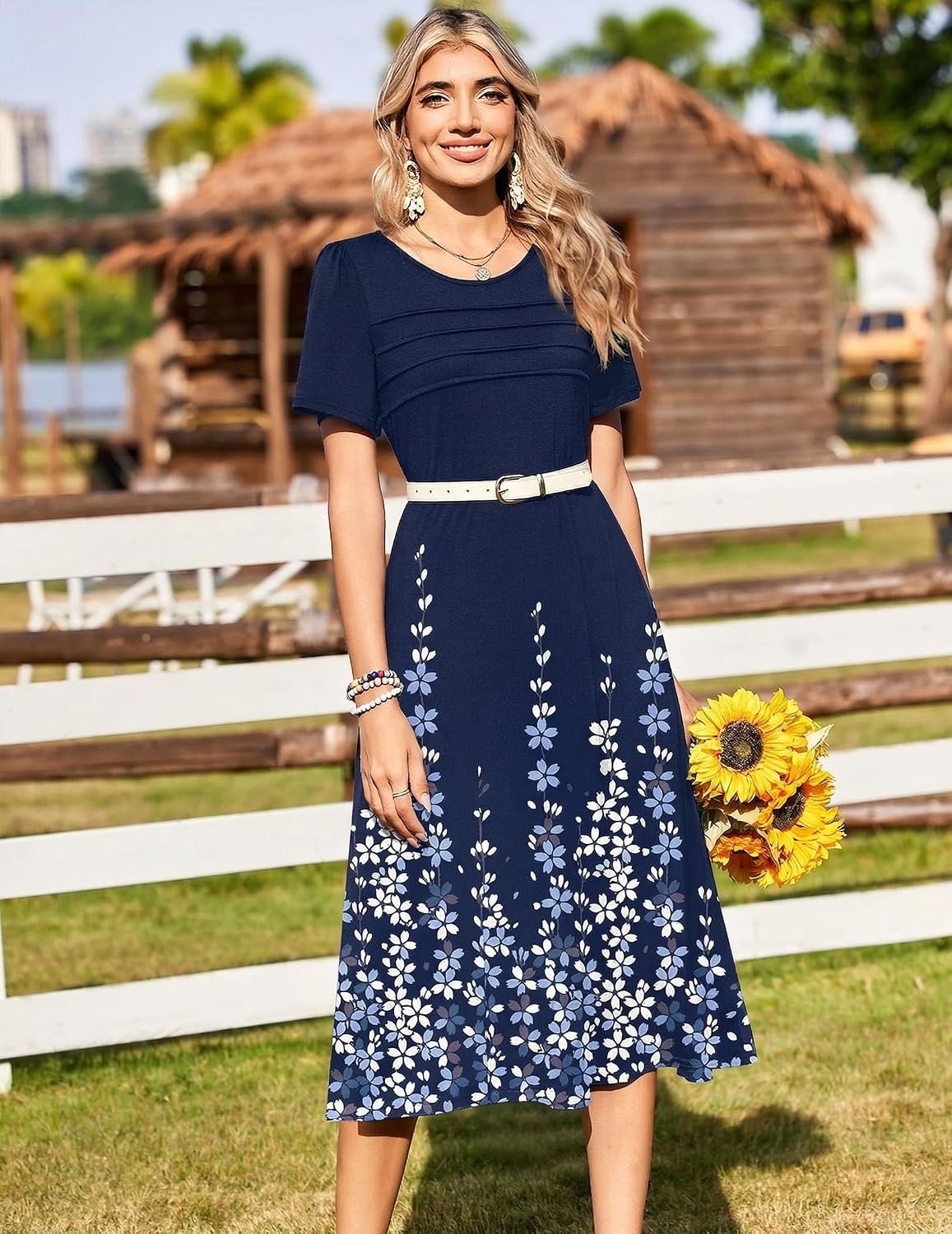image:imageZeagoo Womens Casual Dresses for Summer Short Sleeve Flare Midi Dress BeachBlue Floral