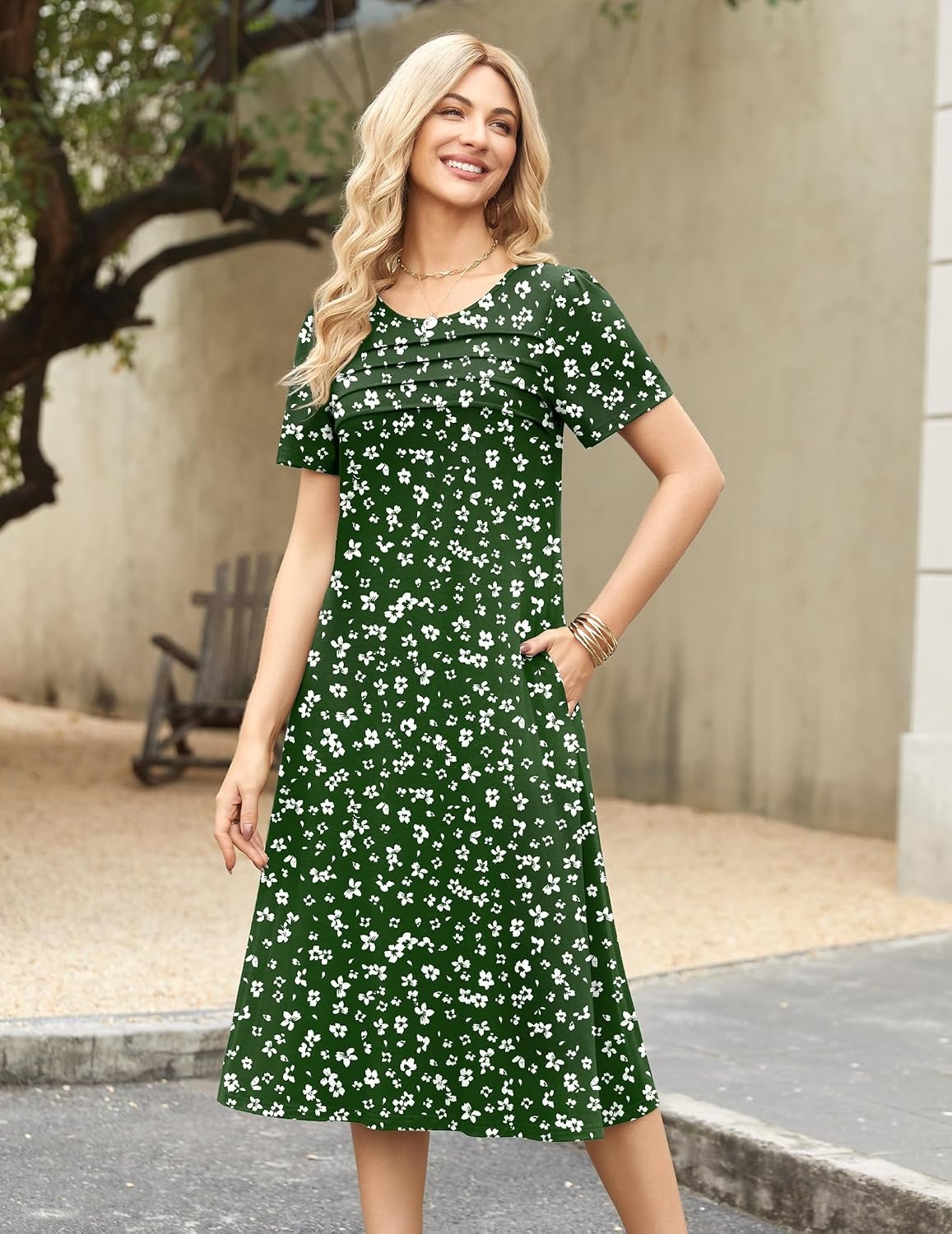 image:imageZeagoo Womens Casual Dresses for Summer Short Sleeve Flare Midi Dress BeachGreen Floral