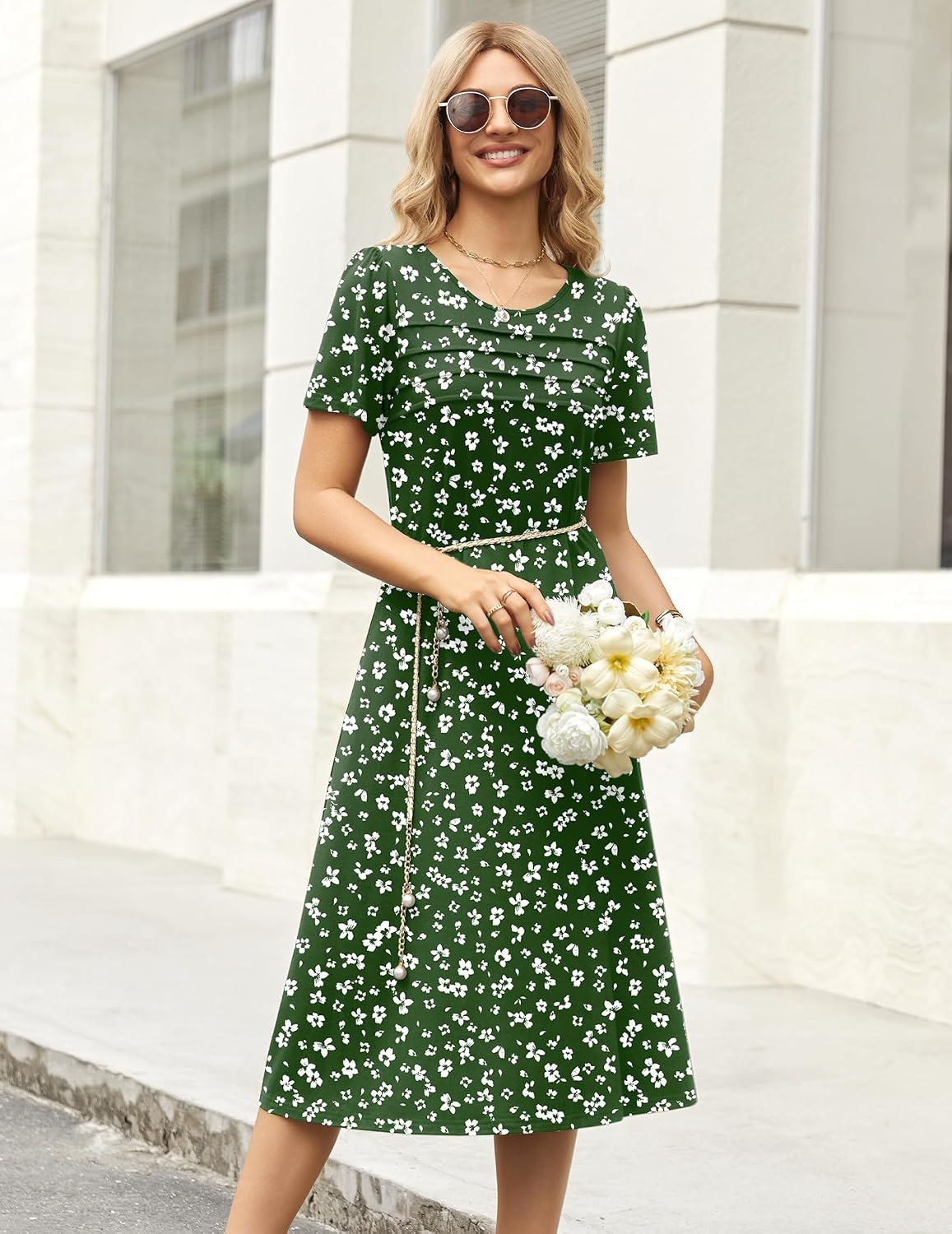 image:imageZeagoo Womens Casual Dresses for Summer Short Sleeve Flare Midi Dress BeachGreen Floral