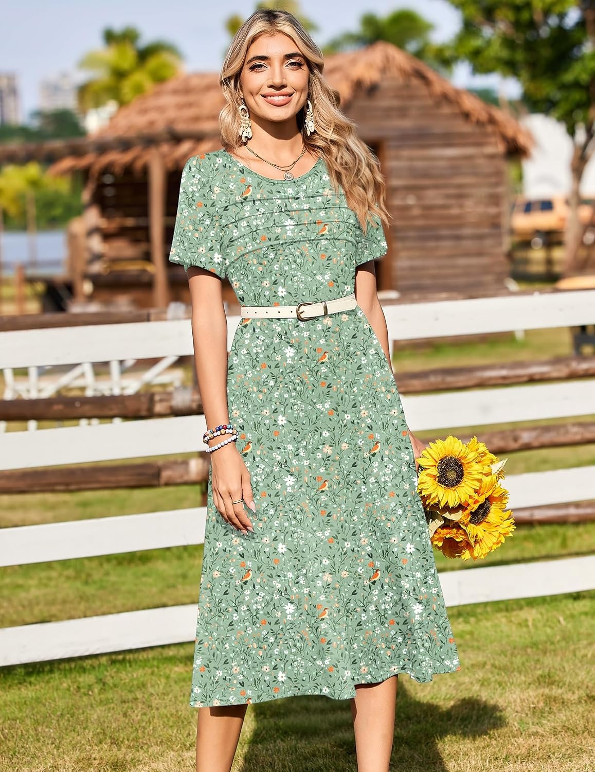 image:imageZeagoo Womens Casual Dresses for Summer Short Sleeve Flare Midi Dress BeachGreen Xh534