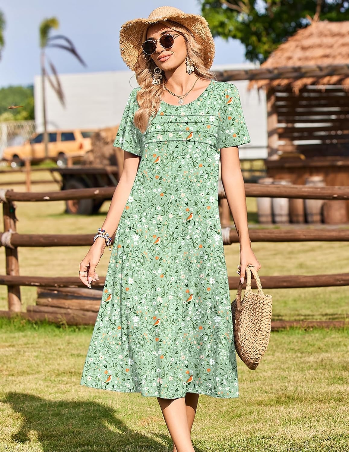 image:imageZeagoo Womens Casual Dresses for Summer Short Sleeve Flare Midi Dress BeachGreen Xh534