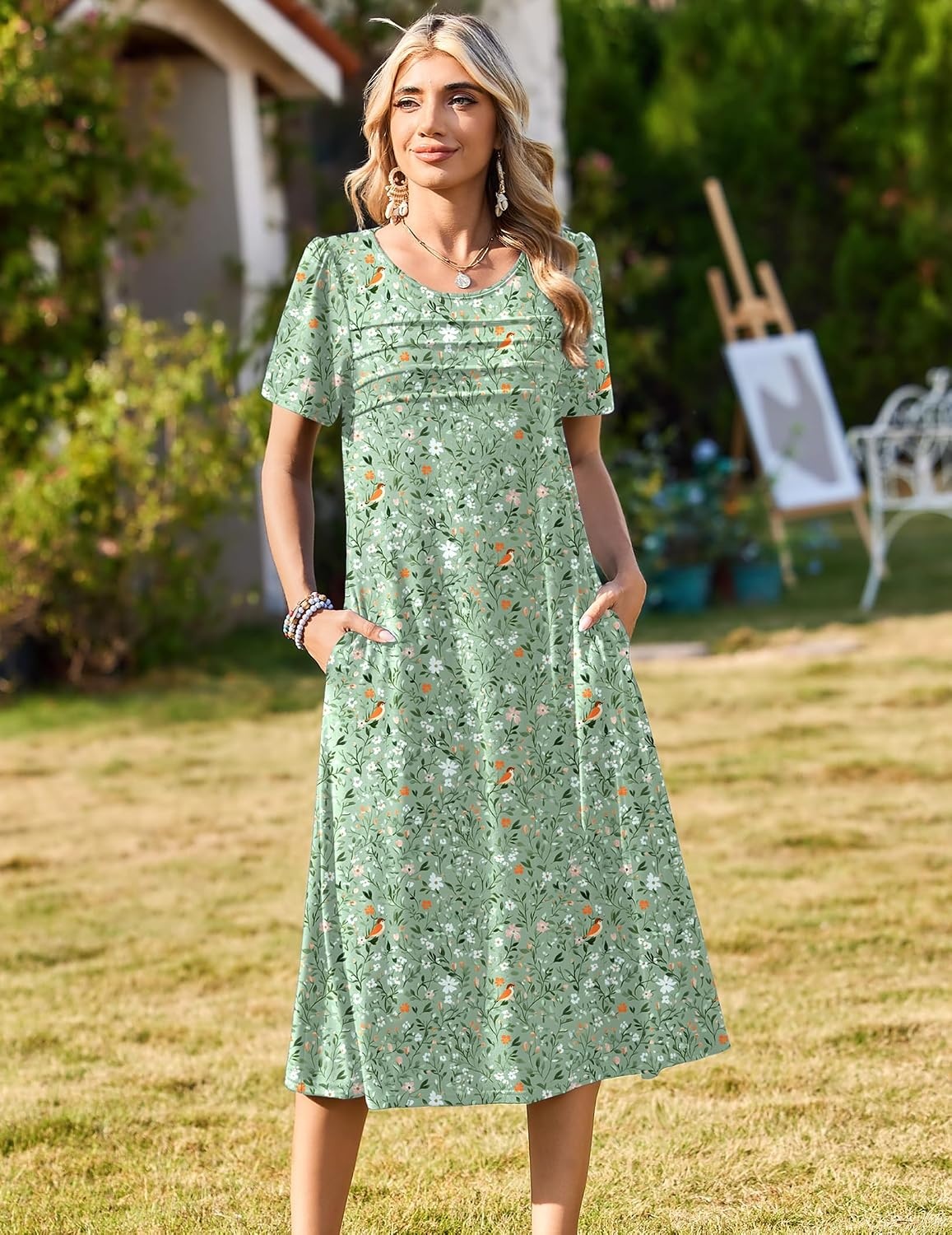 image:imageZeagoo Womens Casual Dresses for Summer Short Sleeve Flare Midi Dress BeachGreen Xh534