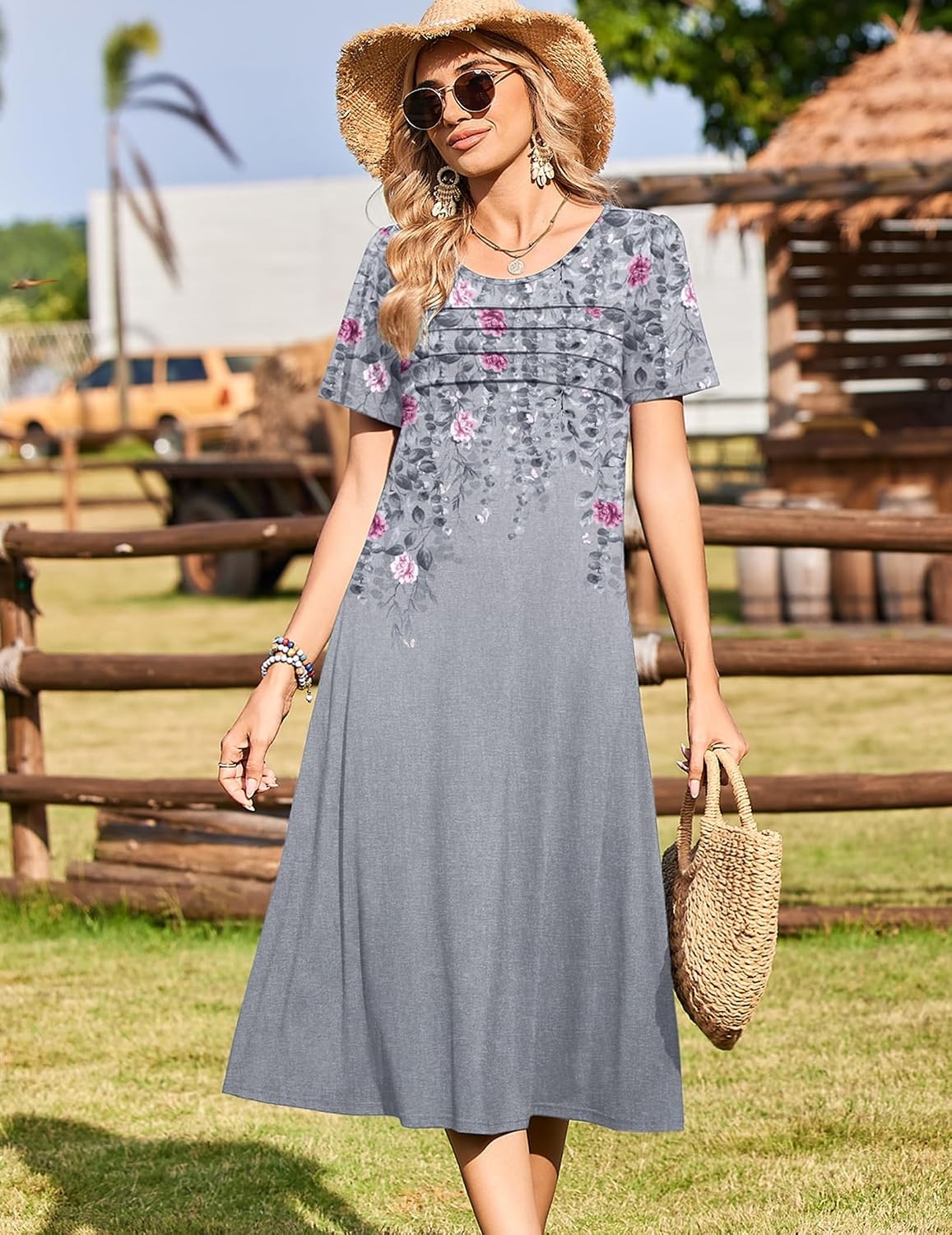 image:imageZeagoo Womens Casual Dresses for Summer Short Sleeve Flare Midi Dress BeachGrey Floral