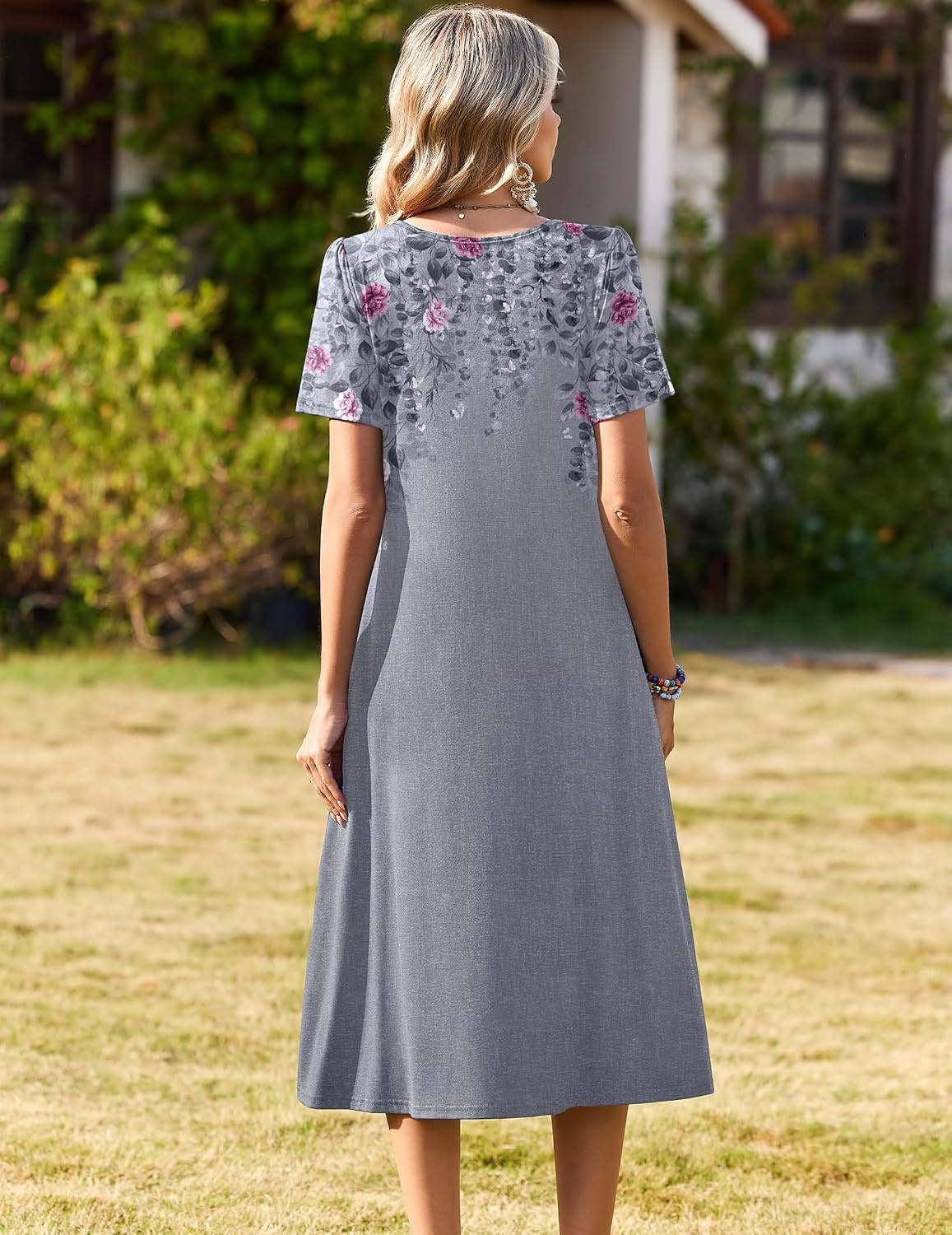 image:imageZeagoo Womens Casual Dresses for Summer Short Sleeve Flare Midi Dress BeachGrey Floral