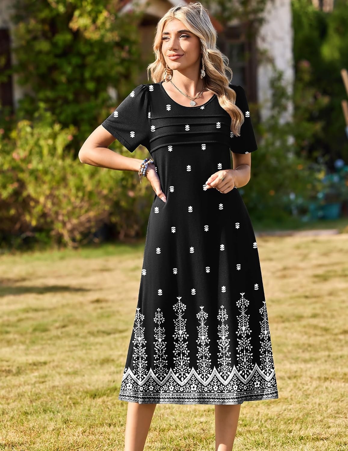 image:imageZeagoo Womens Casual Dresses for Summer Short Sleeve Flare Midi Dress BeachMz938 Black Floral