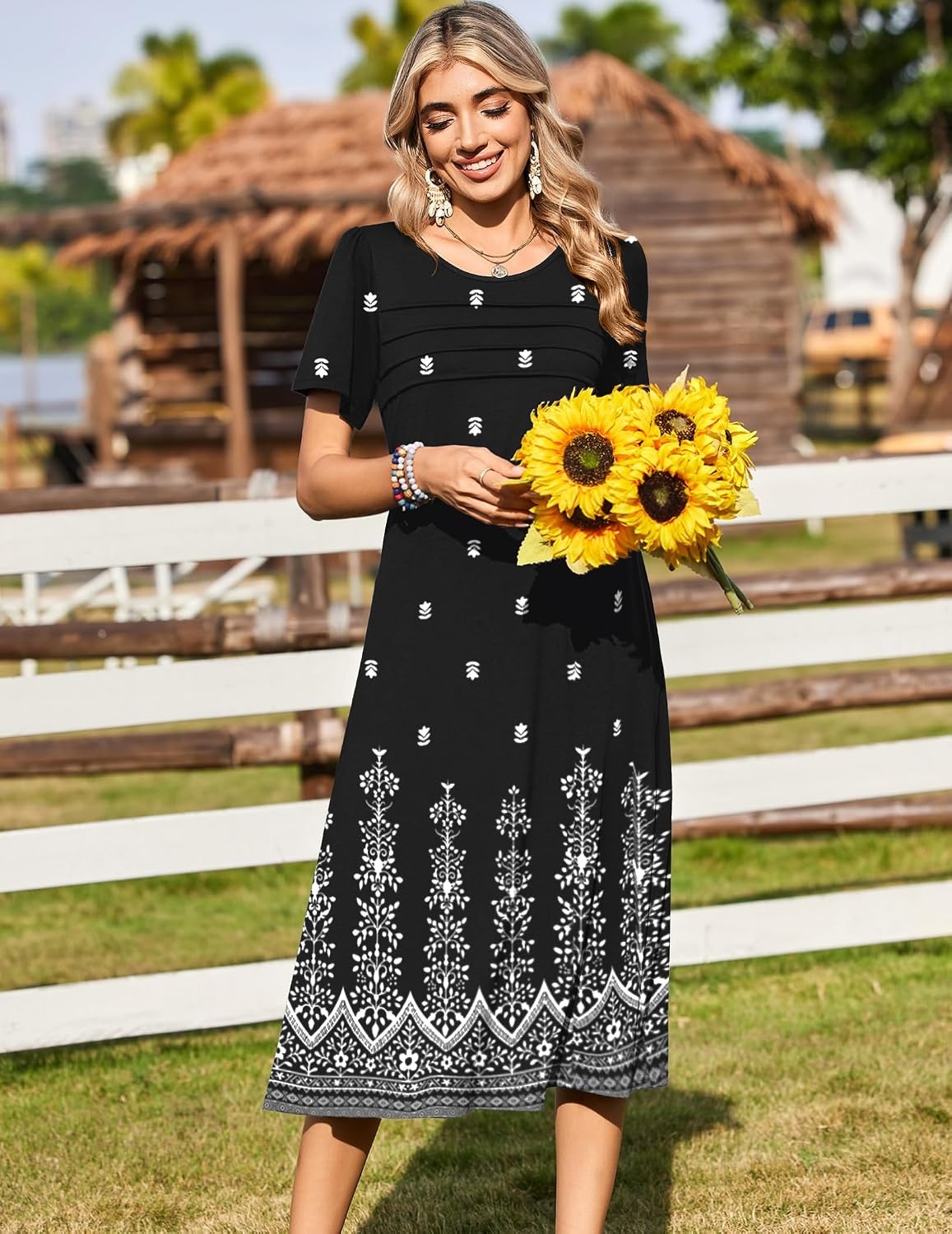 image:imageZeagoo Womens Casual Dresses for Summer Short Sleeve Flare Midi Dress BeachMz938 Black Floral