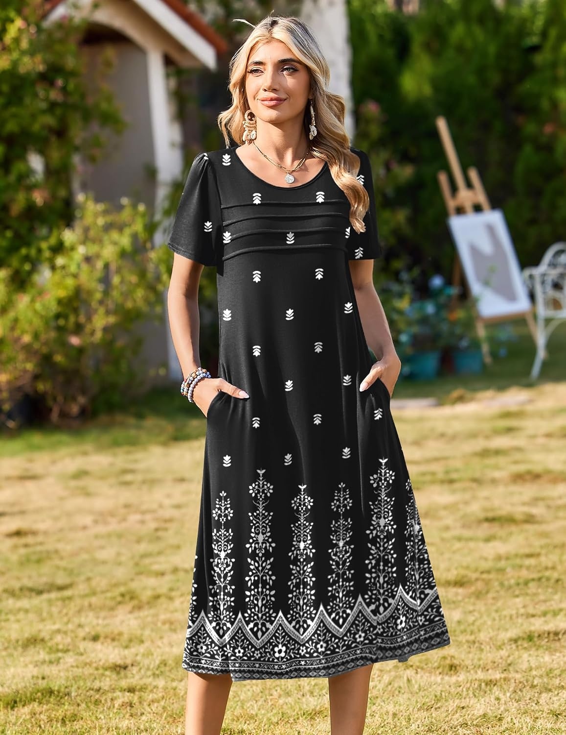 image:imageZeagoo Womens Casual Dresses for Summer Short Sleeve Flare Midi Dress BeachMz938 Black Floral