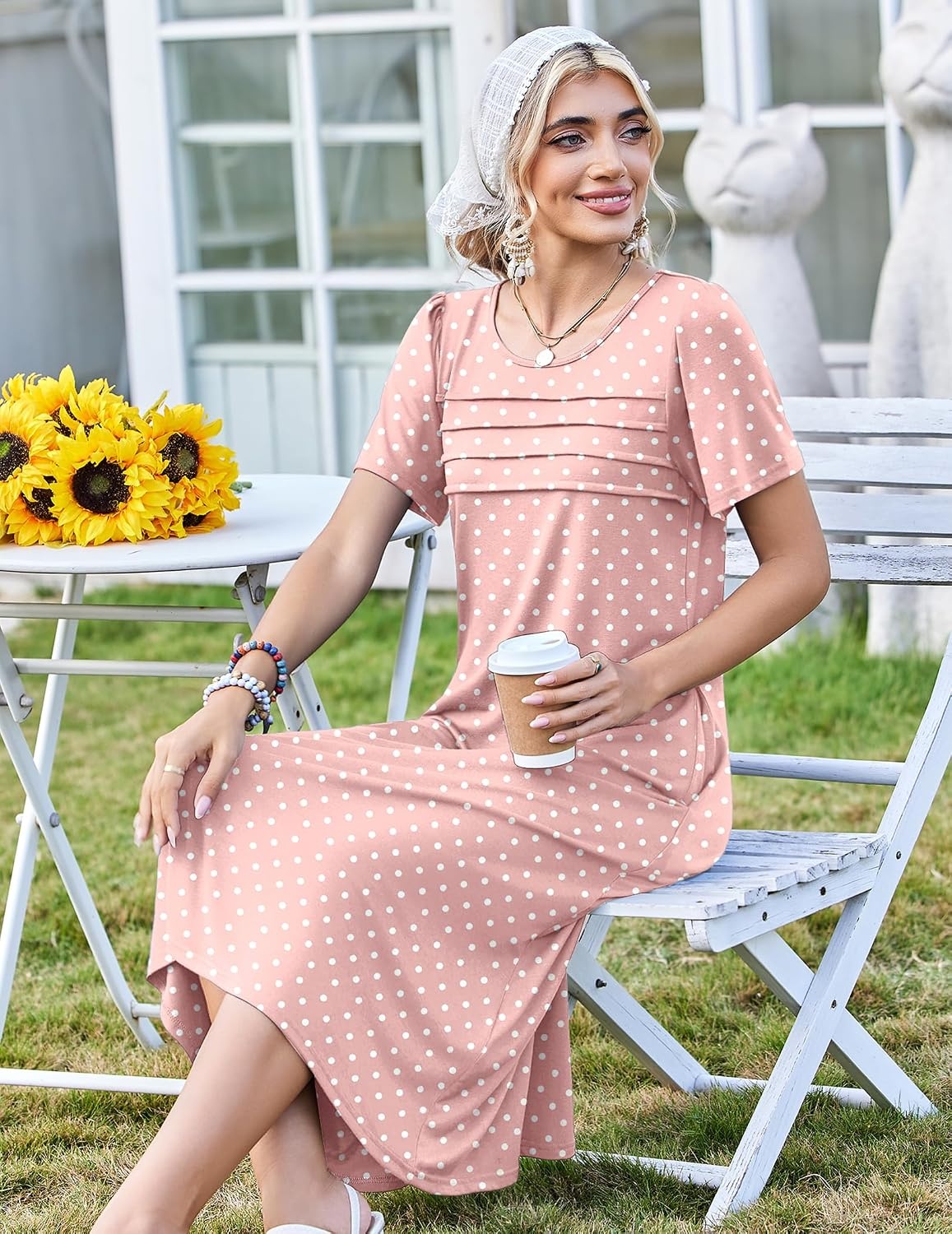 image:imageZeagoo Womens Casual Dresses for Summer Short Sleeve Flare Midi Dress BeachPink Jh1