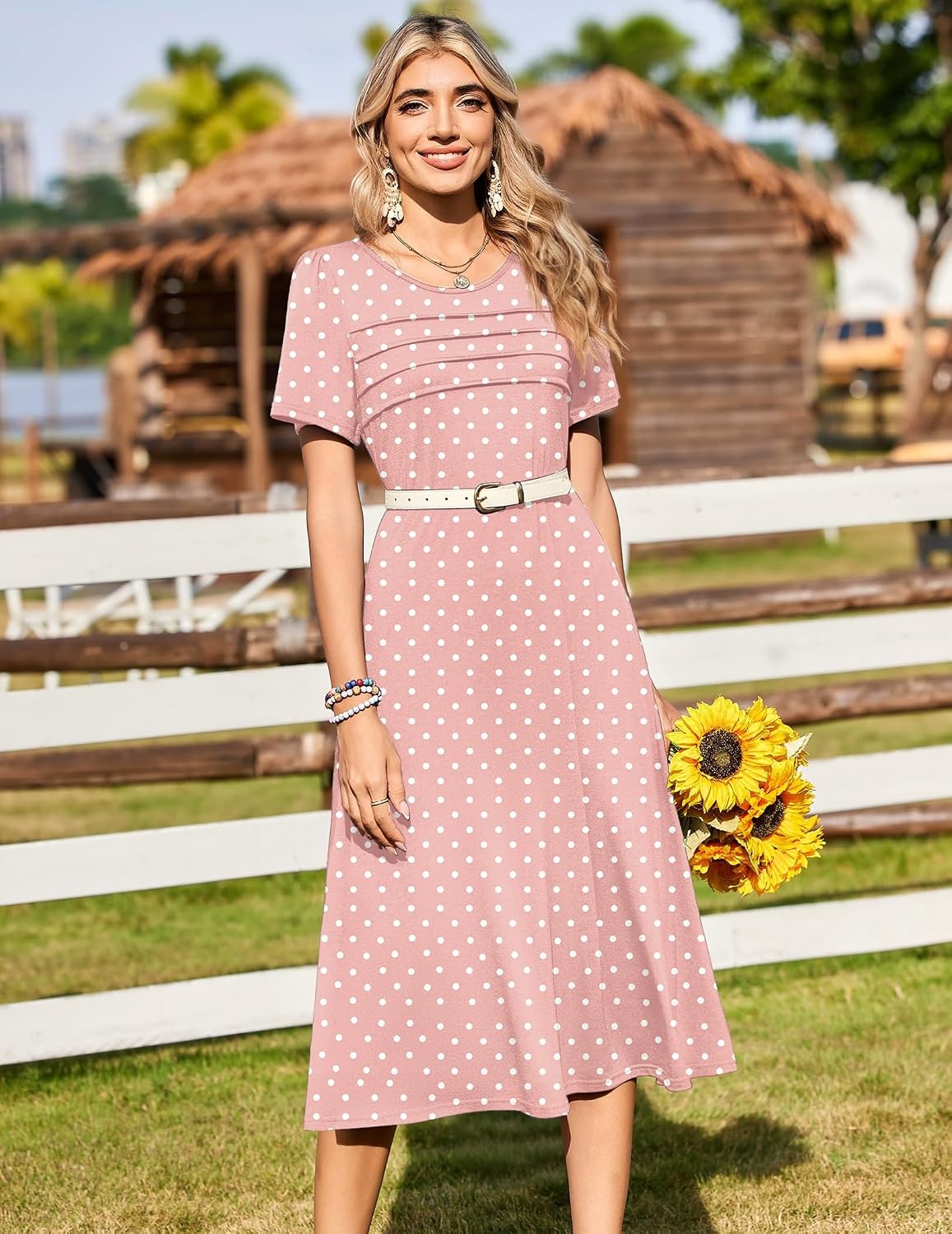 image:imageZeagoo Womens Casual Dresses for Summer Short Sleeve Flare Midi Dress BeachPink Jh1