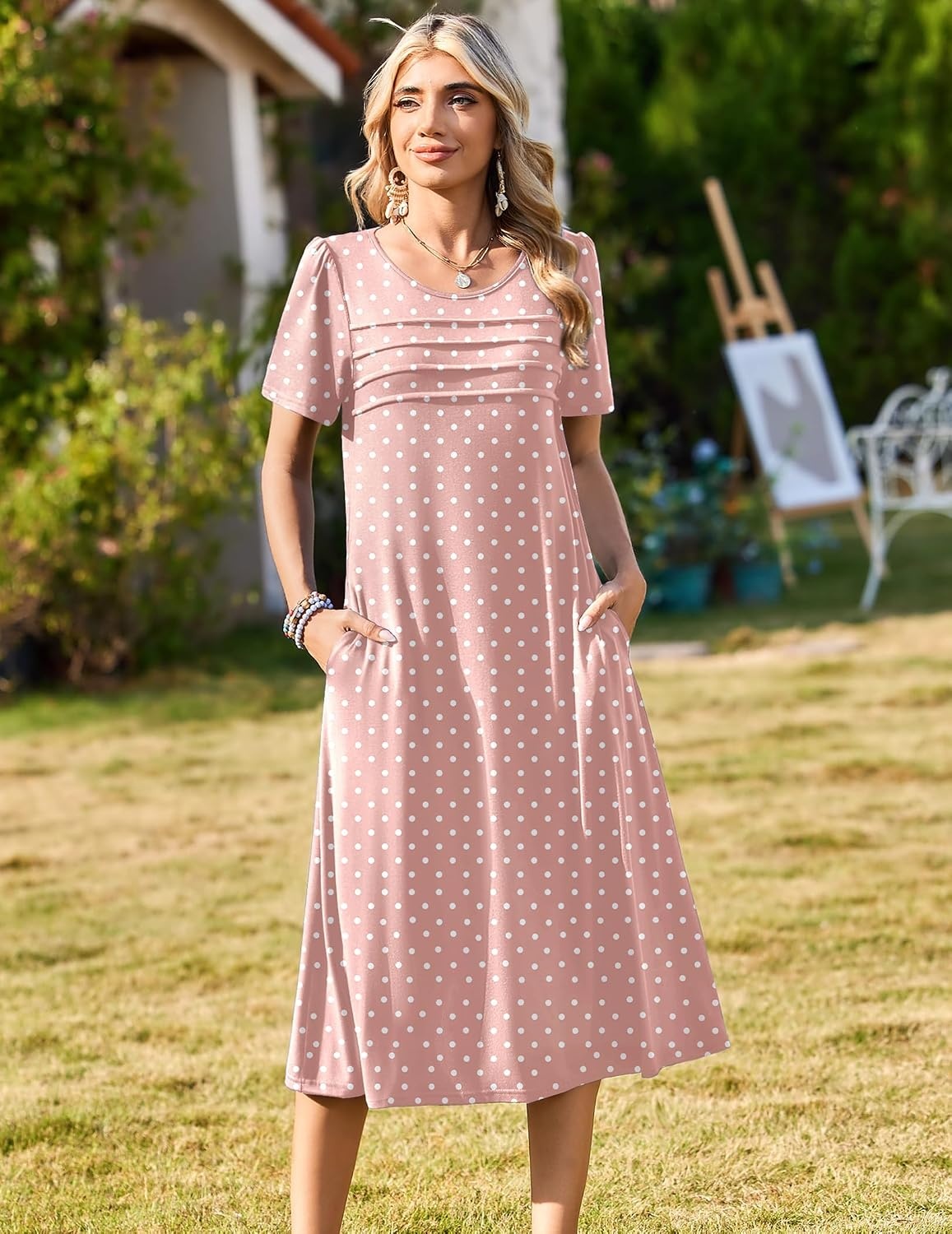 image:imageZeagoo Womens Casual Dresses for Summer Short Sleeve Flare Midi Dress BeachPink Jh1