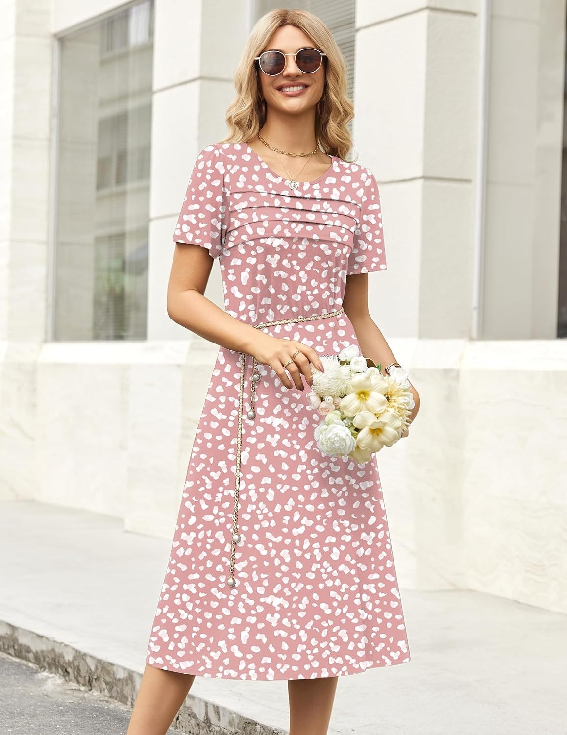 image:imageZeagoo Womens Casual Dresses for Summer Short Sleeve Flare Midi Dress BeachPink Polka Dots
