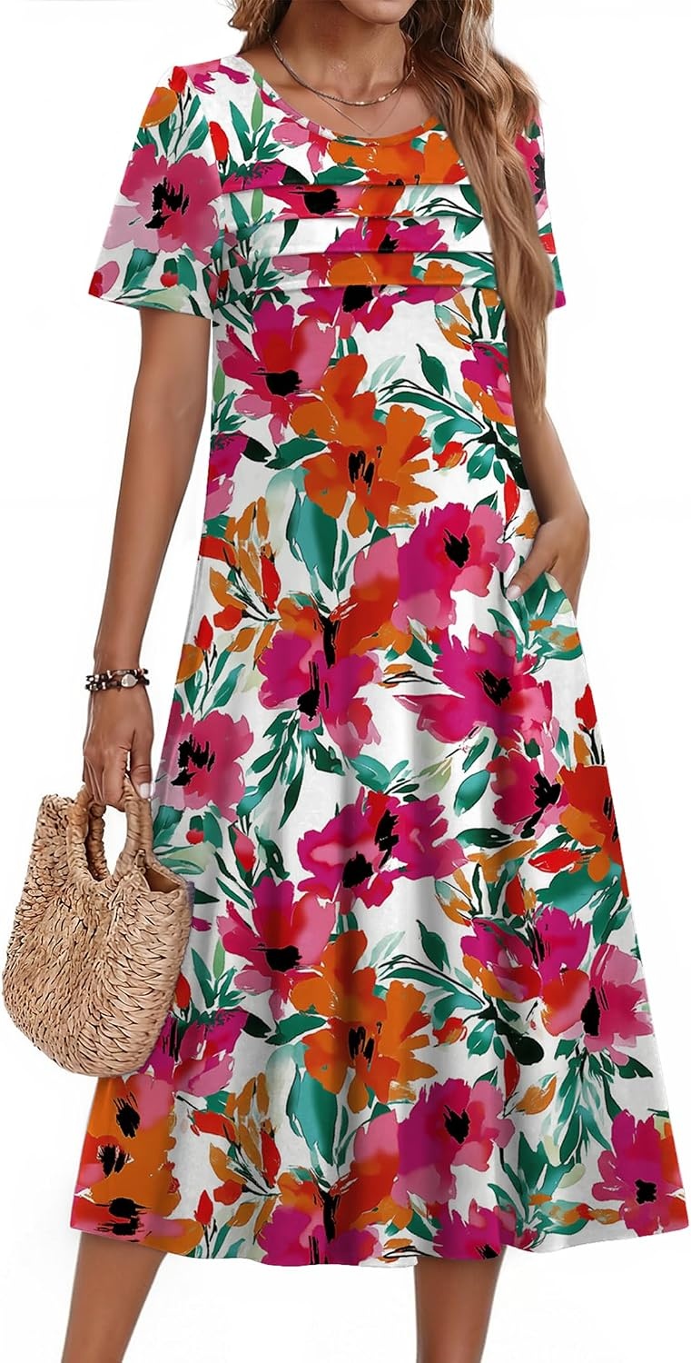 image:imageZeagoo Womens Casual Dresses for Summer Short Sleeve Flare Midi Dress BeachRed Floral