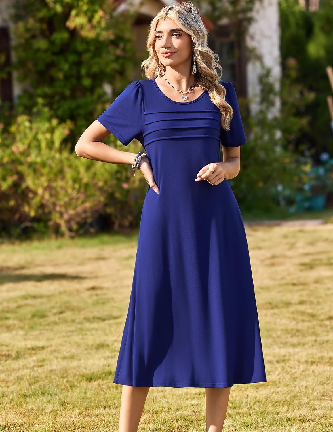 image:imageZeagoo Womens Casual Dresses for Summer Short Sleeve Flare Midi Dress BeachSolid Navy