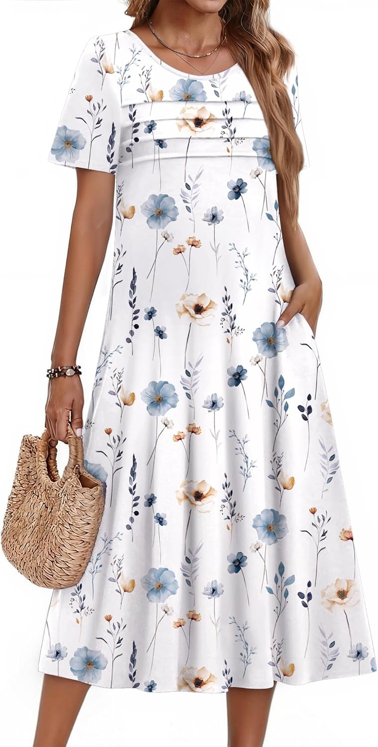 image:imageZeagoo Womens Casual Dresses for Summer Short Sleeve Flare Midi Dress BeachWhite Floral