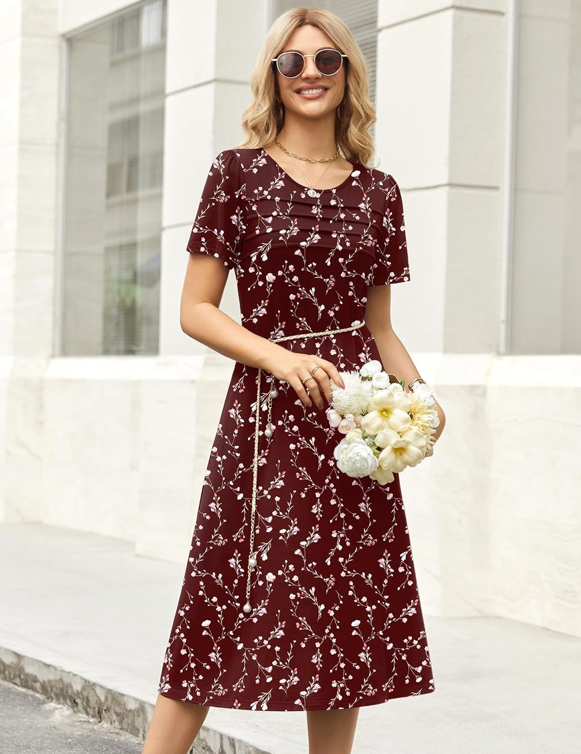 image:imageZeagoo Womens Casual Dresses for Summer Short Sleeve Flare Midi Dress BeachWine Red Floral