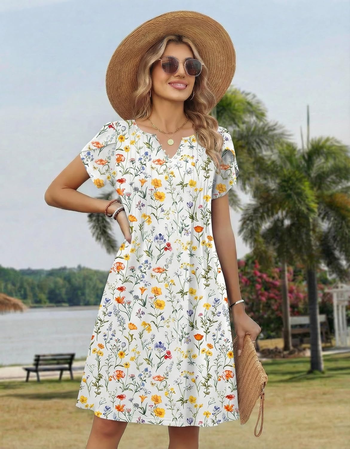 image:imageZeagoo Womens Casual Dresses with Pockets Summer Floral VNeck ALine Tshirt Dress Short Sleeve Mini Dress Beach SundressA01white Floral