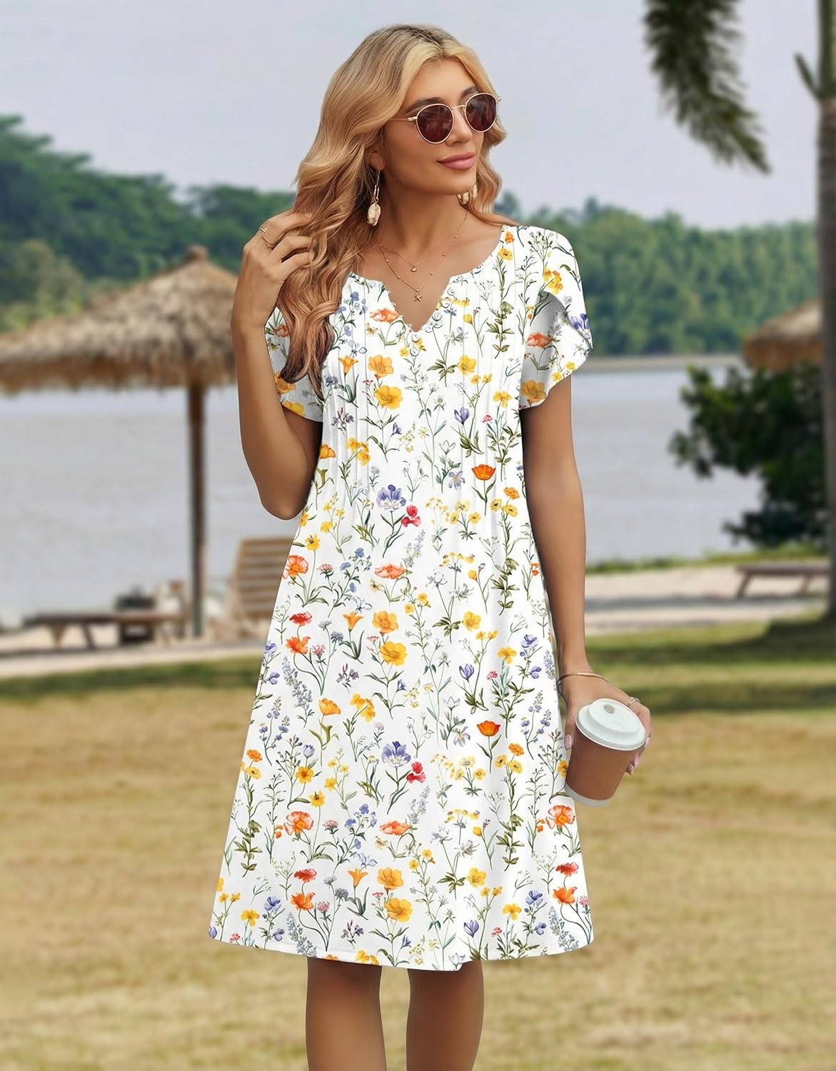 image:imageZeagoo Womens Casual Dresses with Pockets Summer Floral VNeck ALine Tshirt Dress Short Sleeve Mini Dress Beach SundressA01white Floral