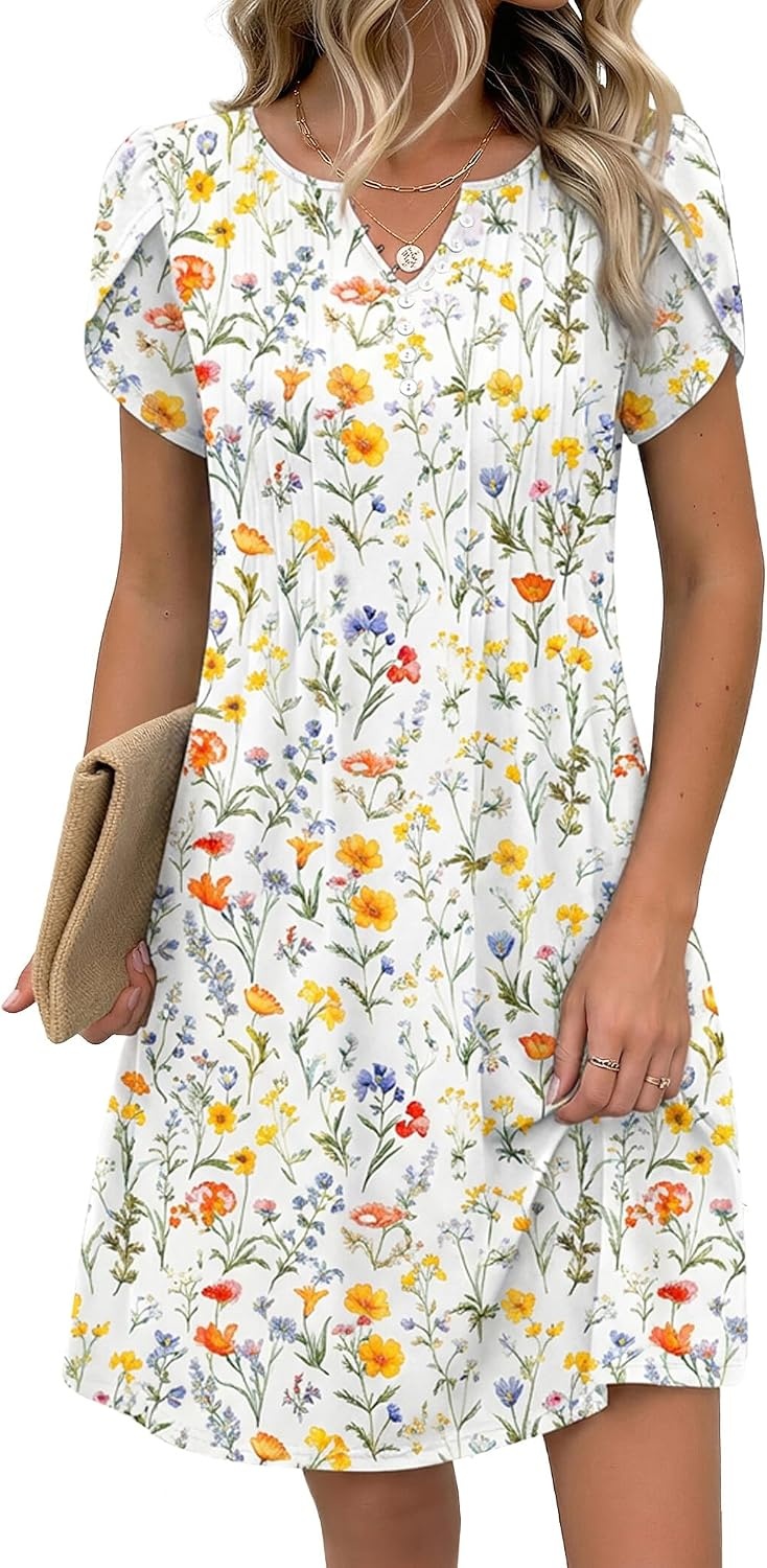 image:imageZeagoo Womens Casual Dresses with Pockets Summer Floral VNeck ALine Tshirt Dress Short Sleeve Mini Dress Beach SundressA01white Floral