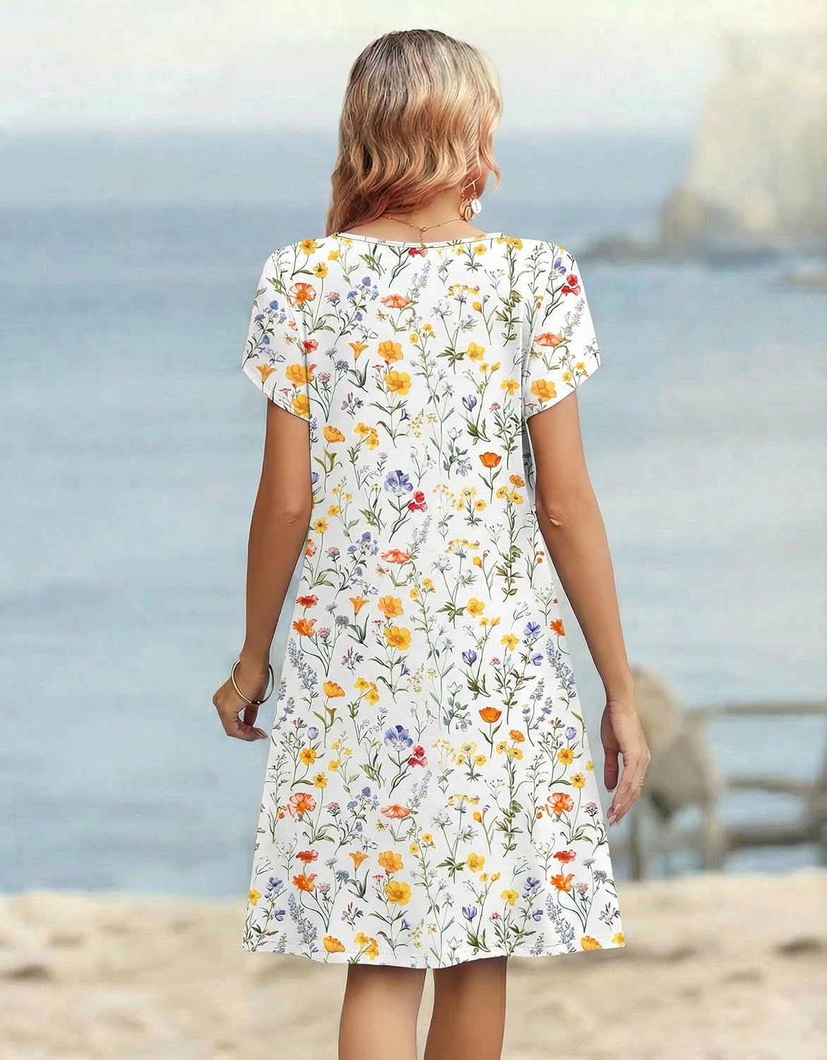 image:imageZeagoo Womens Casual Dresses with Pockets Summer Floral VNeck ALine Tshirt Dress Short Sleeve Mini Dress Beach SundressA01white Floral