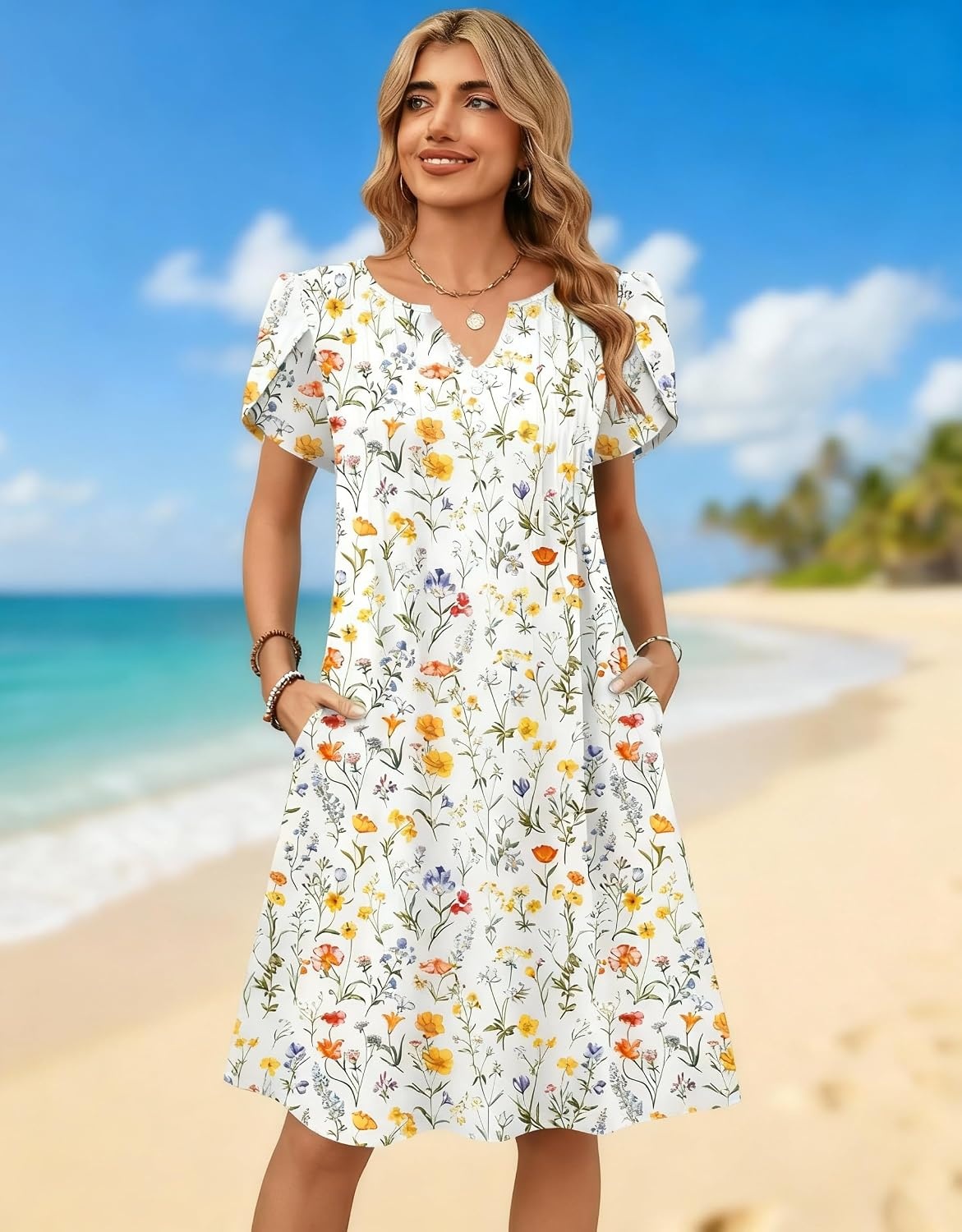 image:imageZeagoo Womens Casual Dresses with Pockets Summer Floral VNeck ALine Tshirt Dress Short Sleeve Mini Dress Beach SundressA01white Floral
